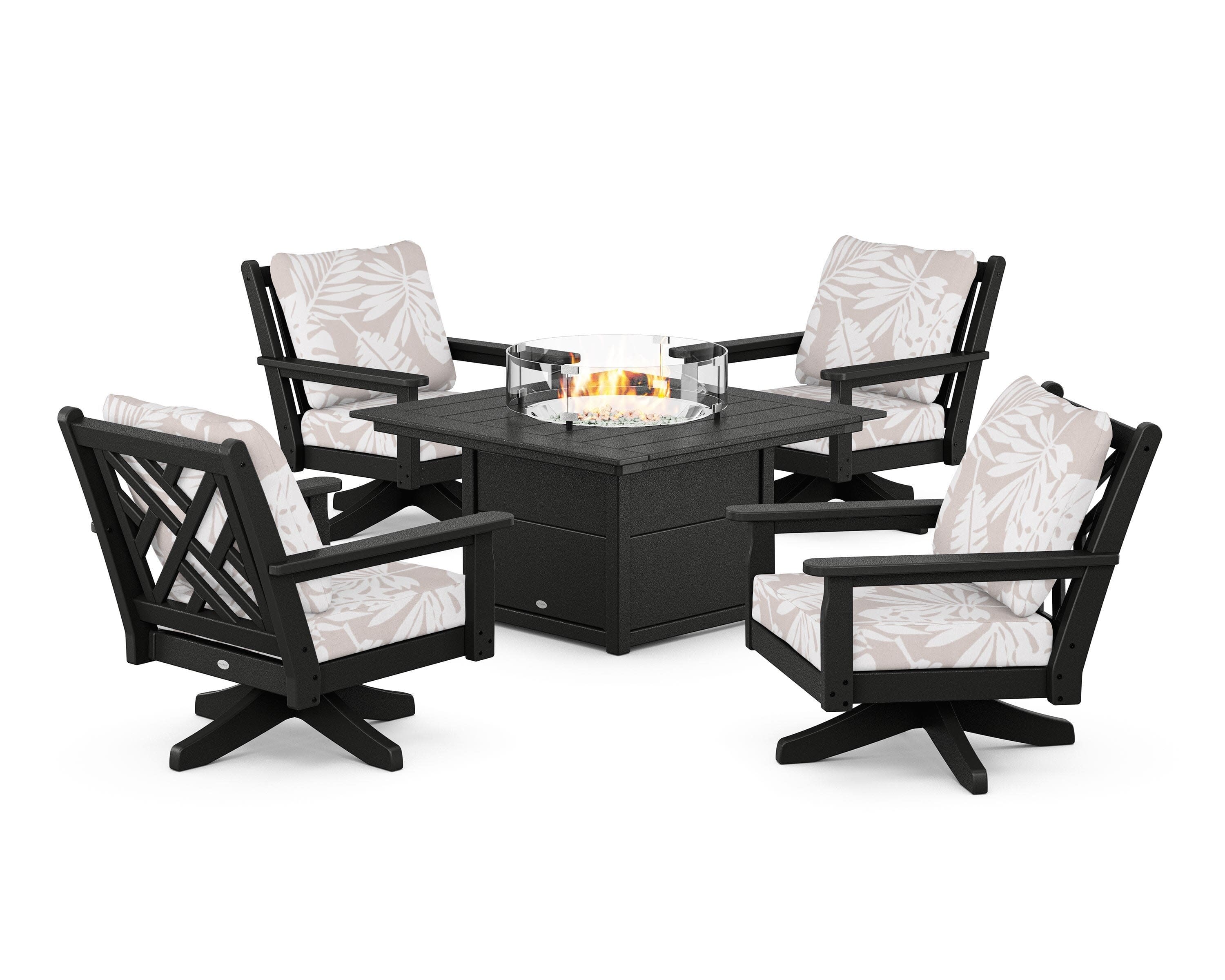 Chippendale 5-Piece Deep Seating Swivel Conversation Set with Fire Pit Table in Black / Leaf Dune Burlap