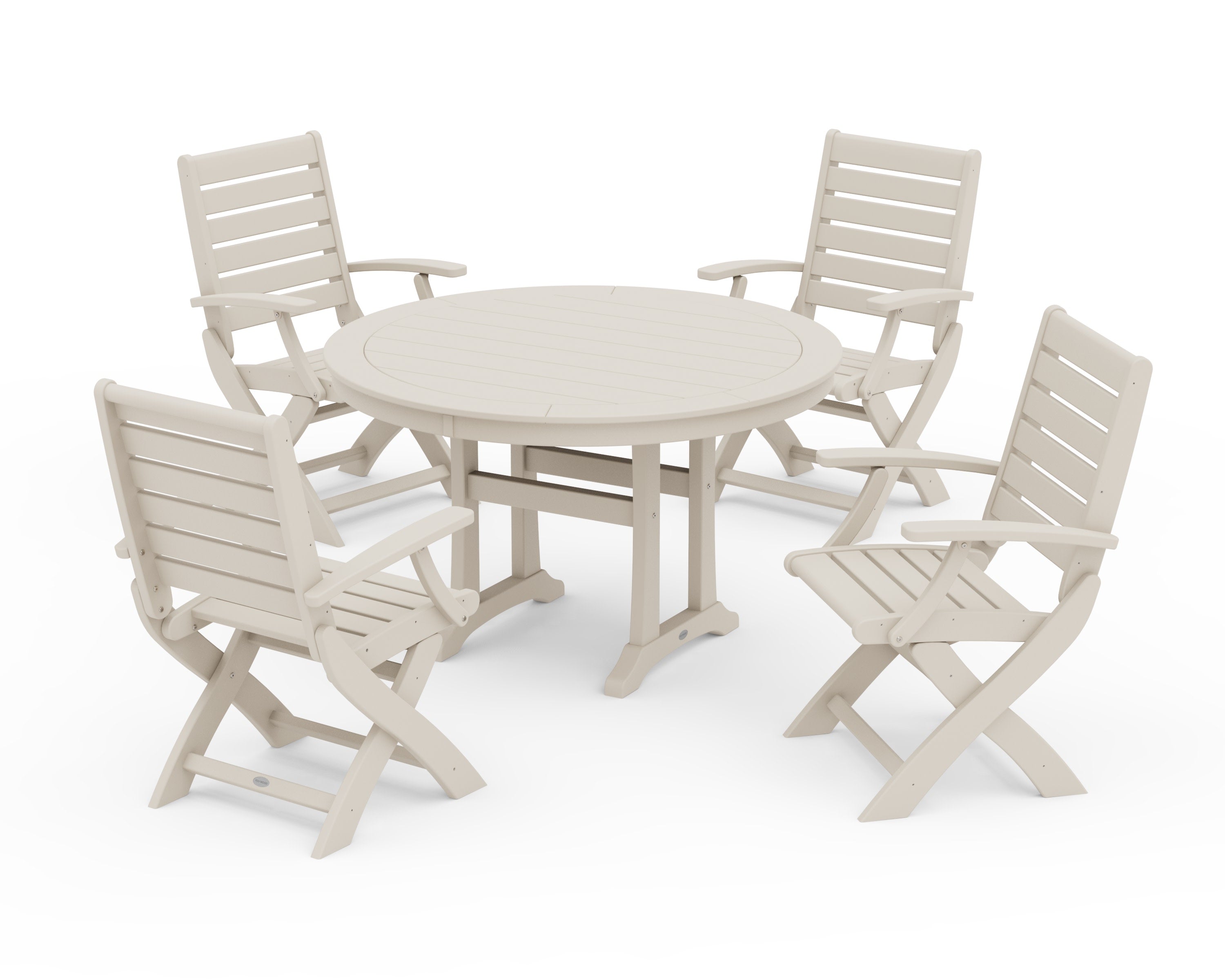 Signature Folding Chair 5-Piece Round Dining Set with Trestle Legs in Sand