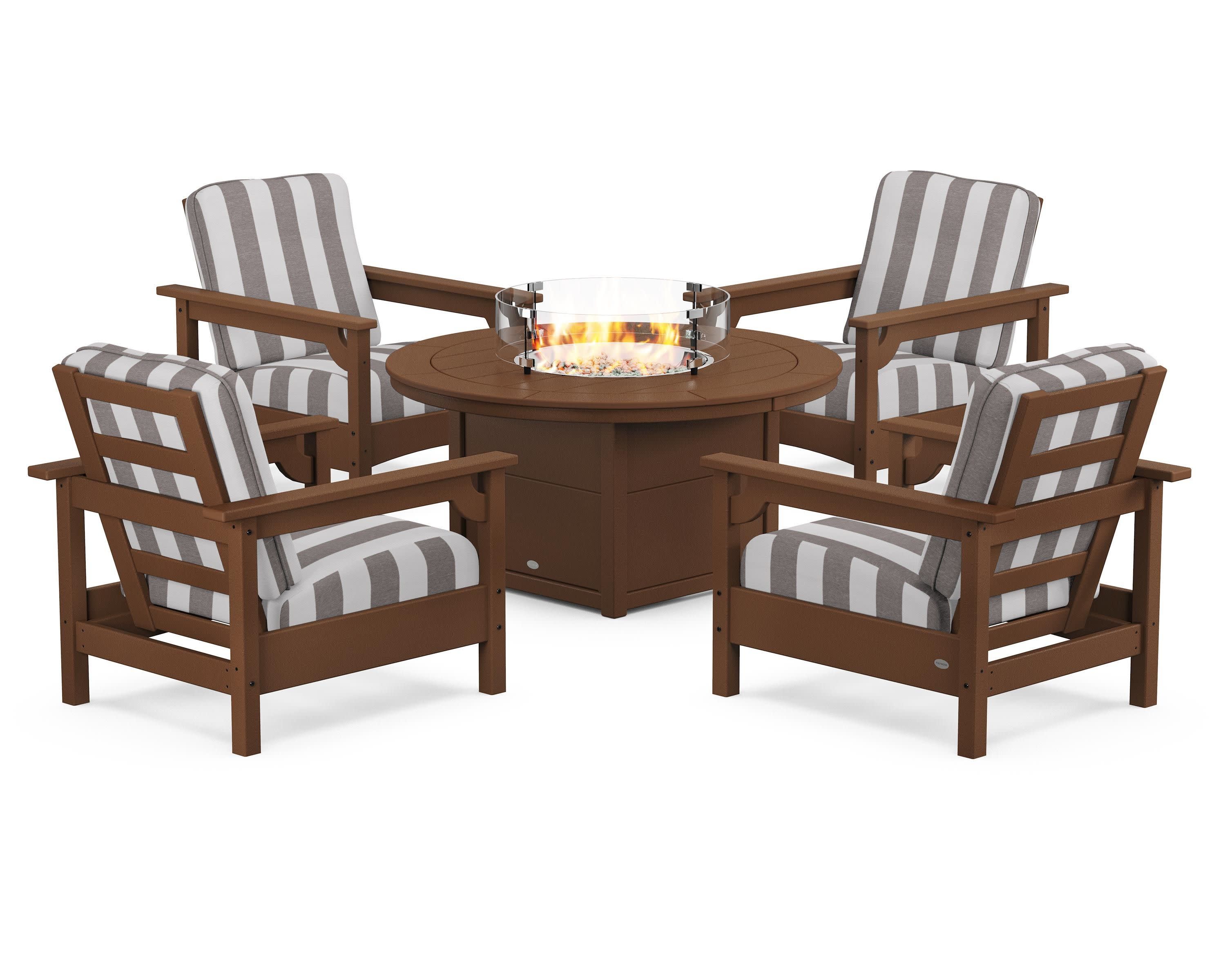 Club 5-Piece Conversation Set with Fire Pit Table in Teak / Cabana Stripe Grey Mist