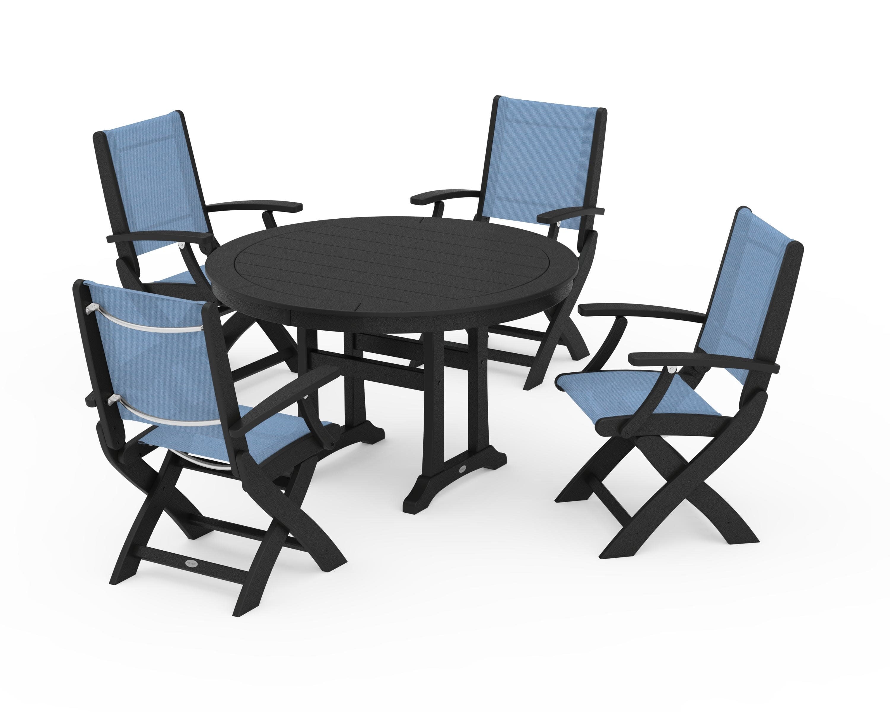 Coastal Folding Chair 5-Piece Round Dining Set with Trestle Legs in Black / Poolside Sling