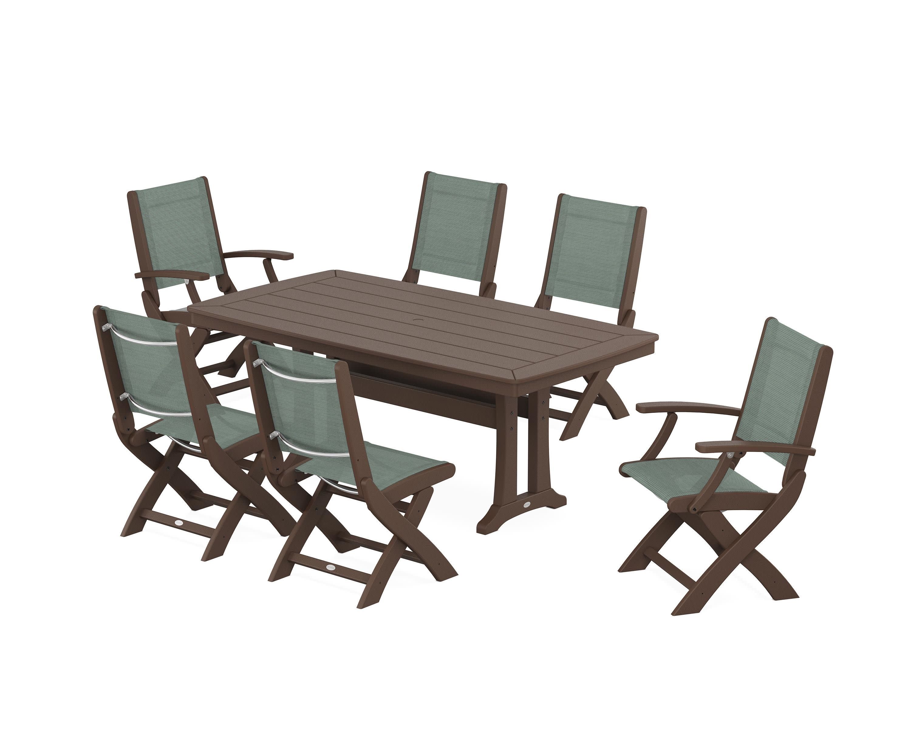 Coastal Folding Chair 7-Piece Dining Set with Trestle Legs in Mahogany / Dupioni Sea Mist Sling