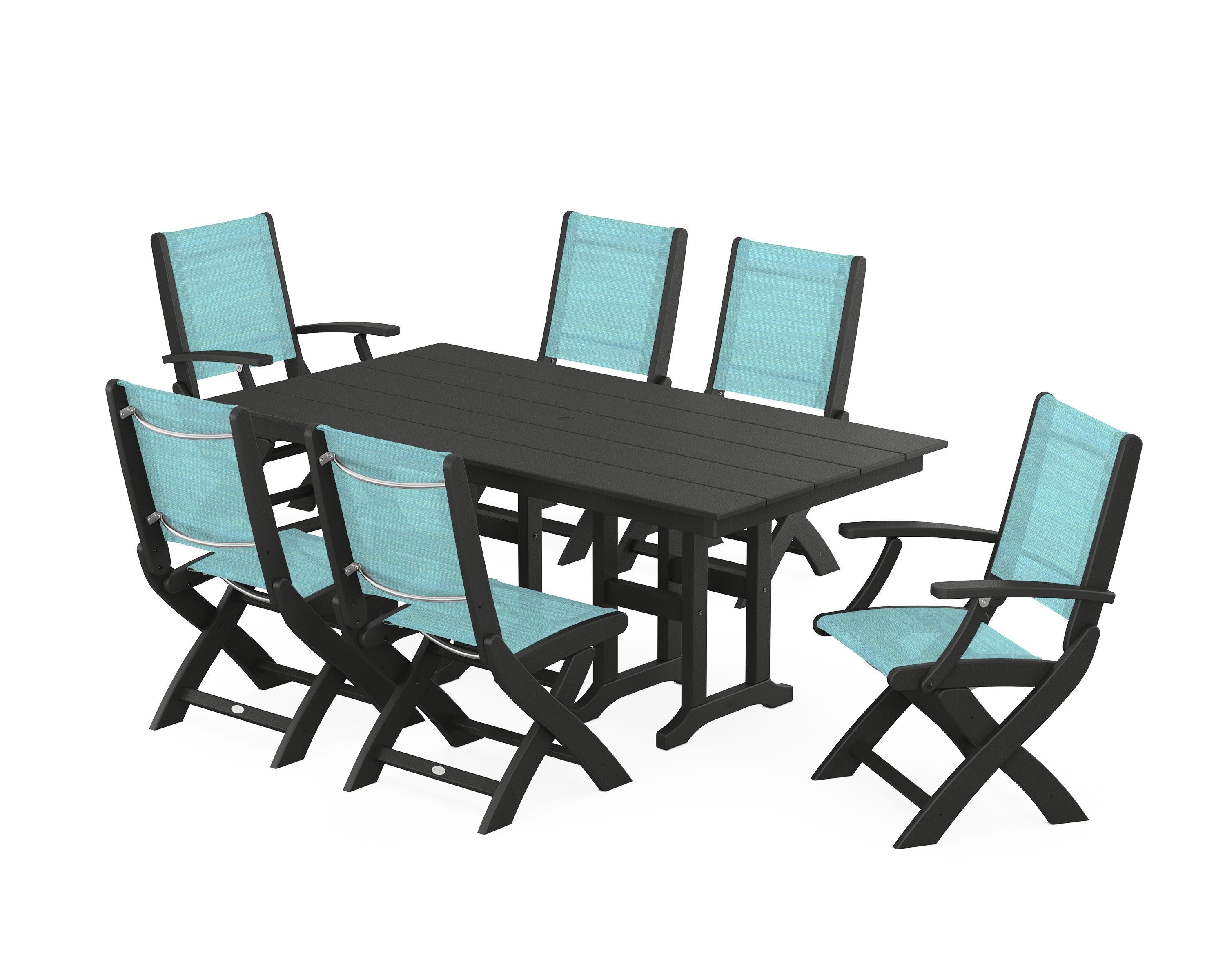 Coastal Folding Chair 7-Piece Farmhouse Dining Set in Black / Dupioni Aquamarine Sling