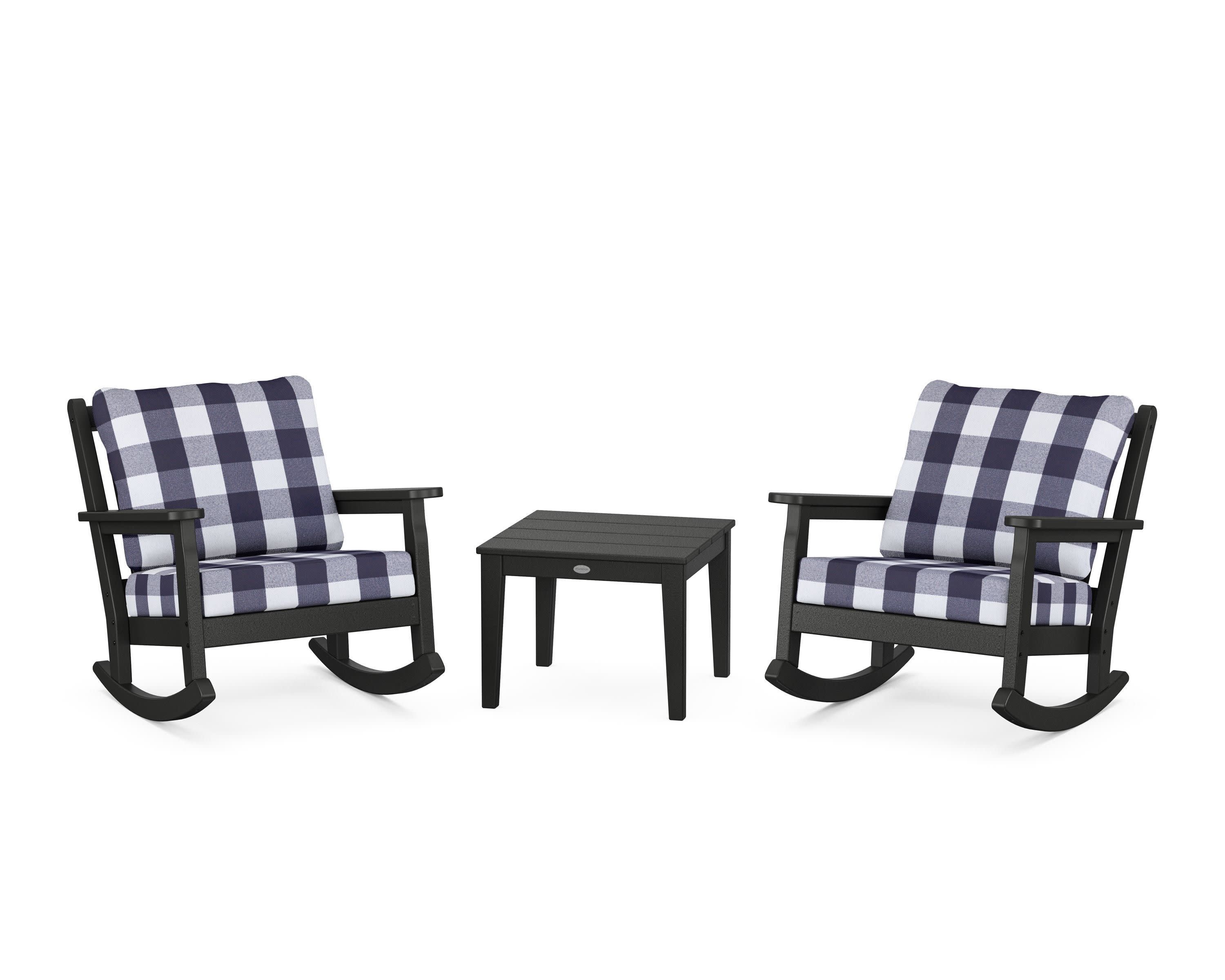 Chippendale 3-Piece Deep Seating Rocker Set in Black / Buffalo Plaid Navy