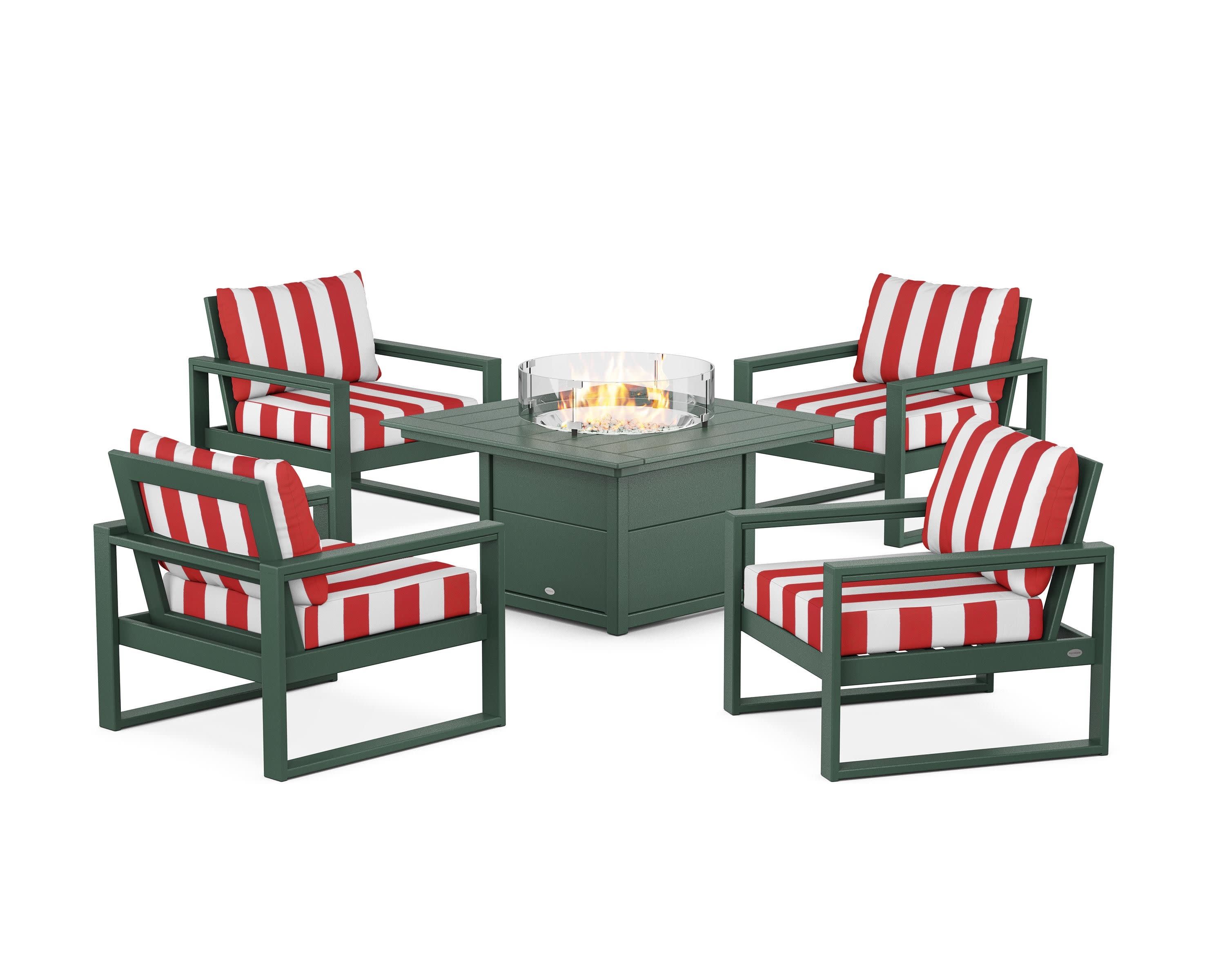 EDGE Sectional 5-Piece Deep Seating Set with Fire Pit Table in Green / Cabana Stripe Crimson