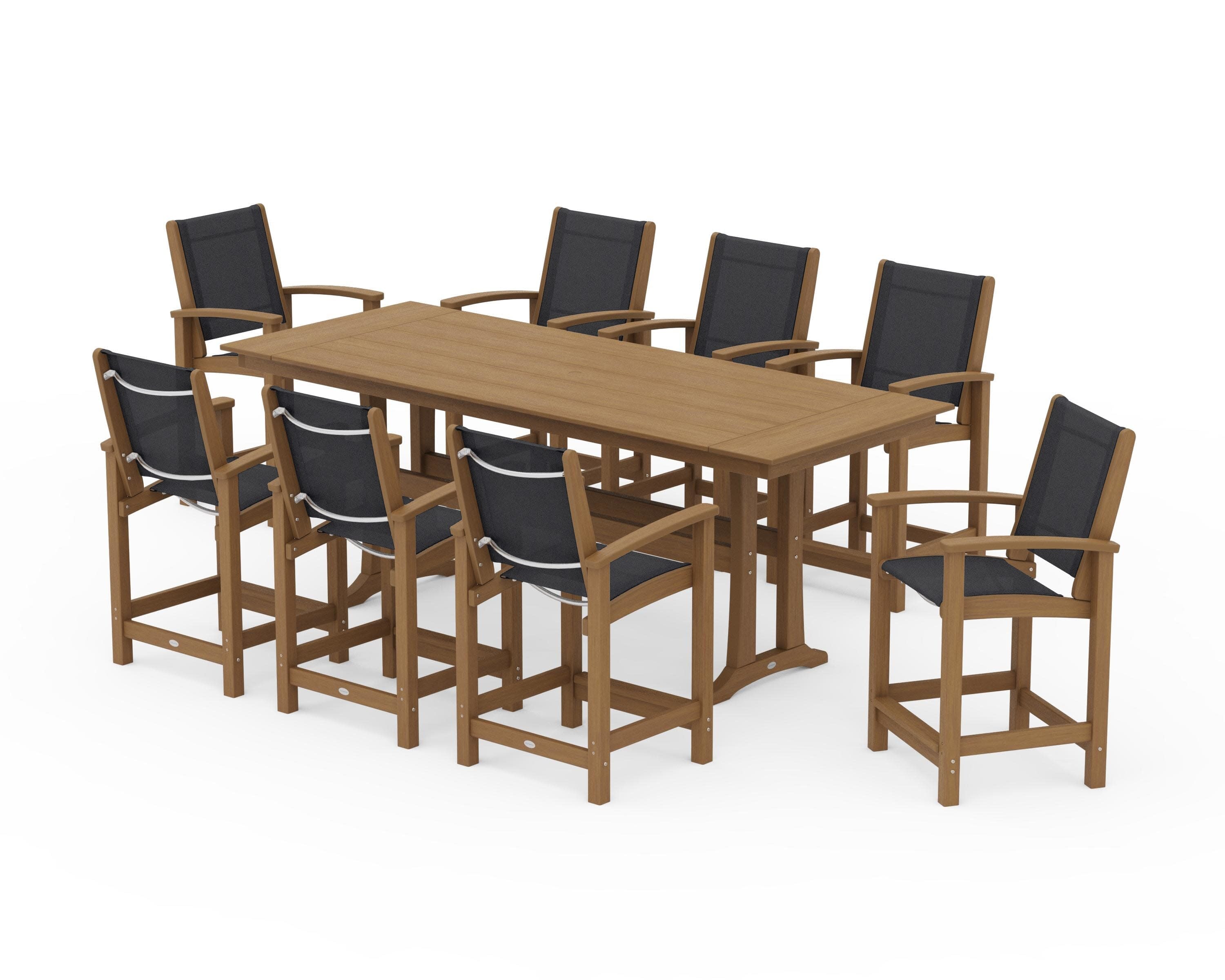 Coastal 9-Piece Farmhouse Counter Set with Trestle Legs in Natural / Black Sling