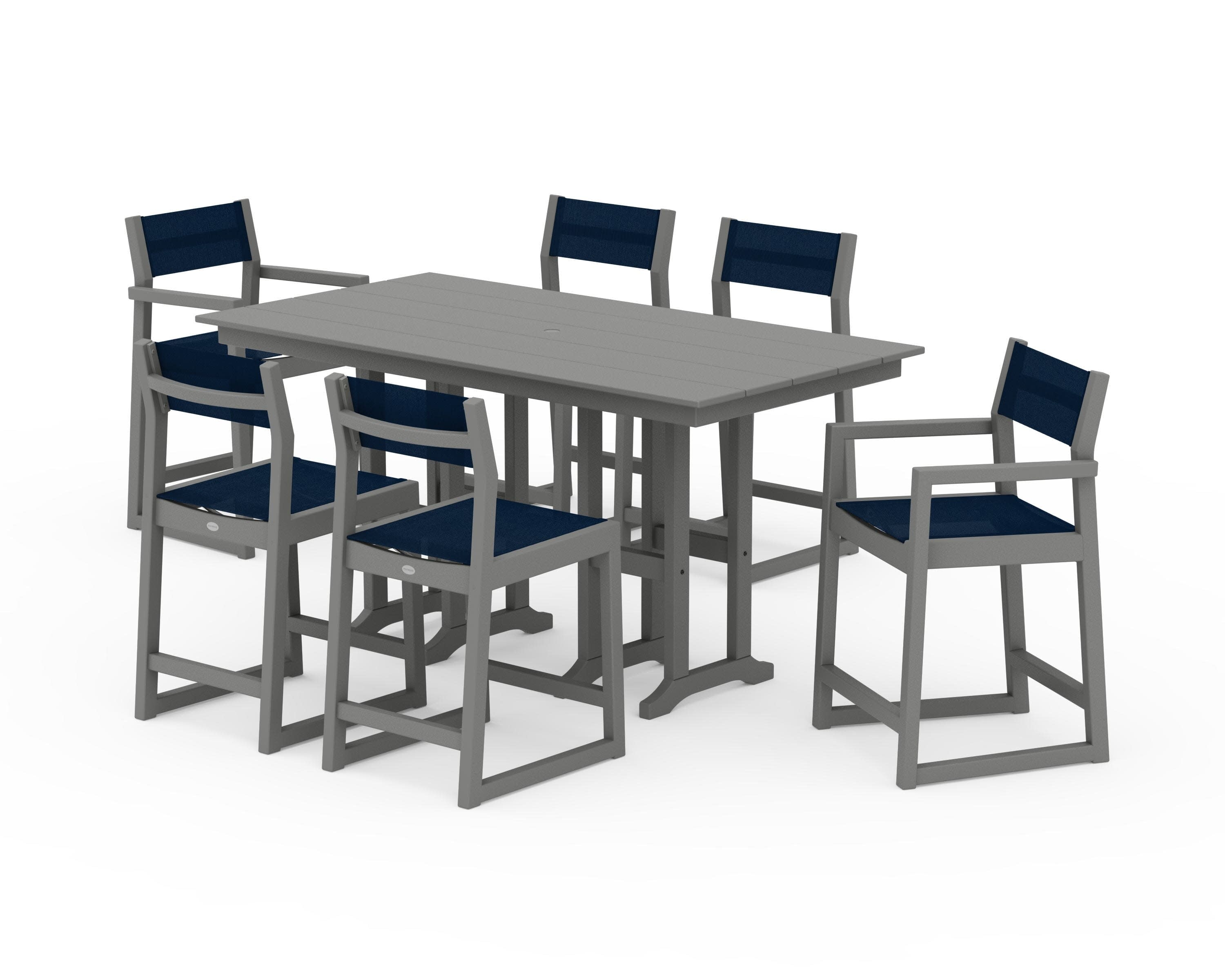 EDGE Sling 7-Piece Farmhouse Counter Set with Trestle Legs in Slate Grey / Navy Blue Sling
