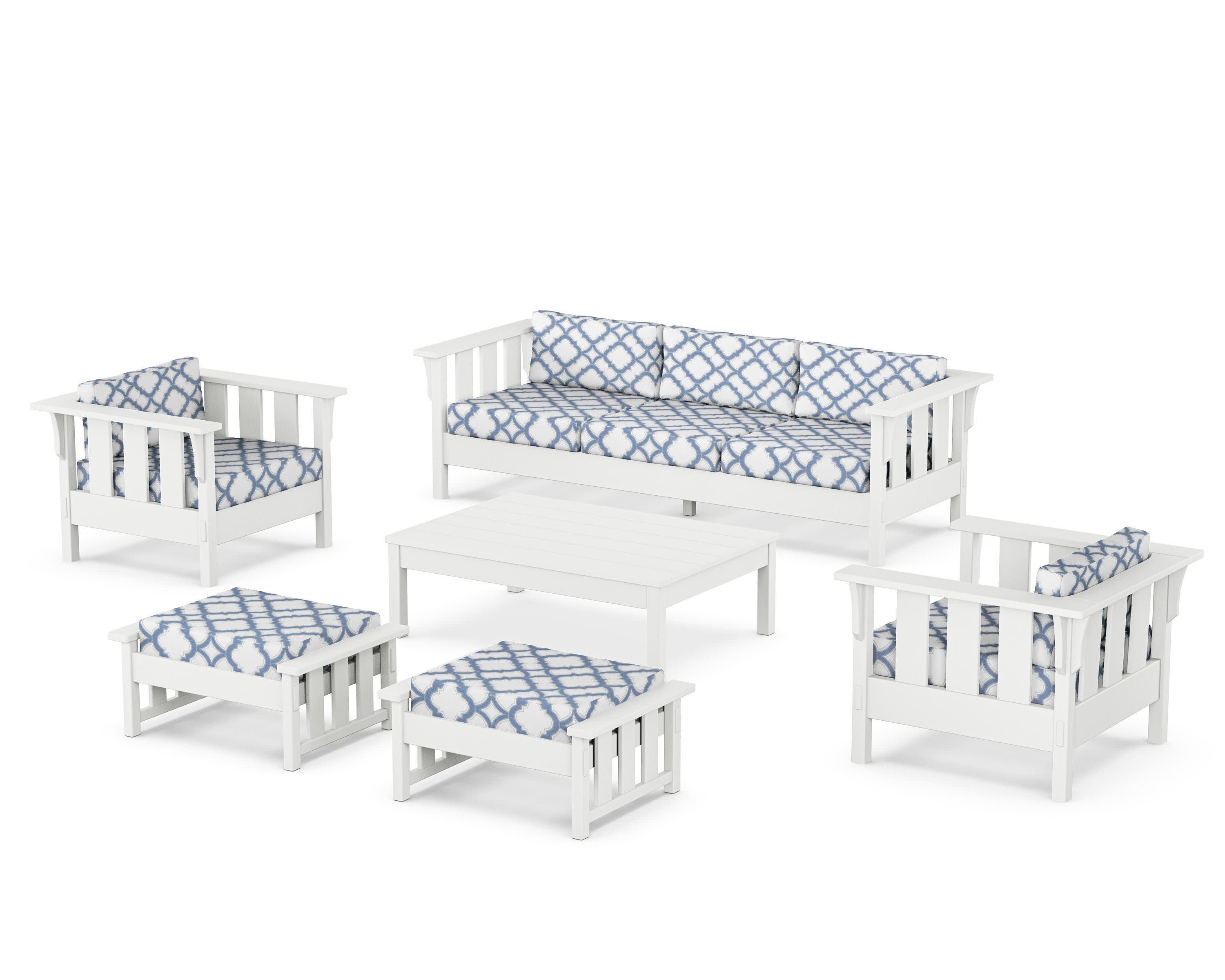 Acadia 6-Piece Lounge Sofa Set in White / Trellis Sky Blue