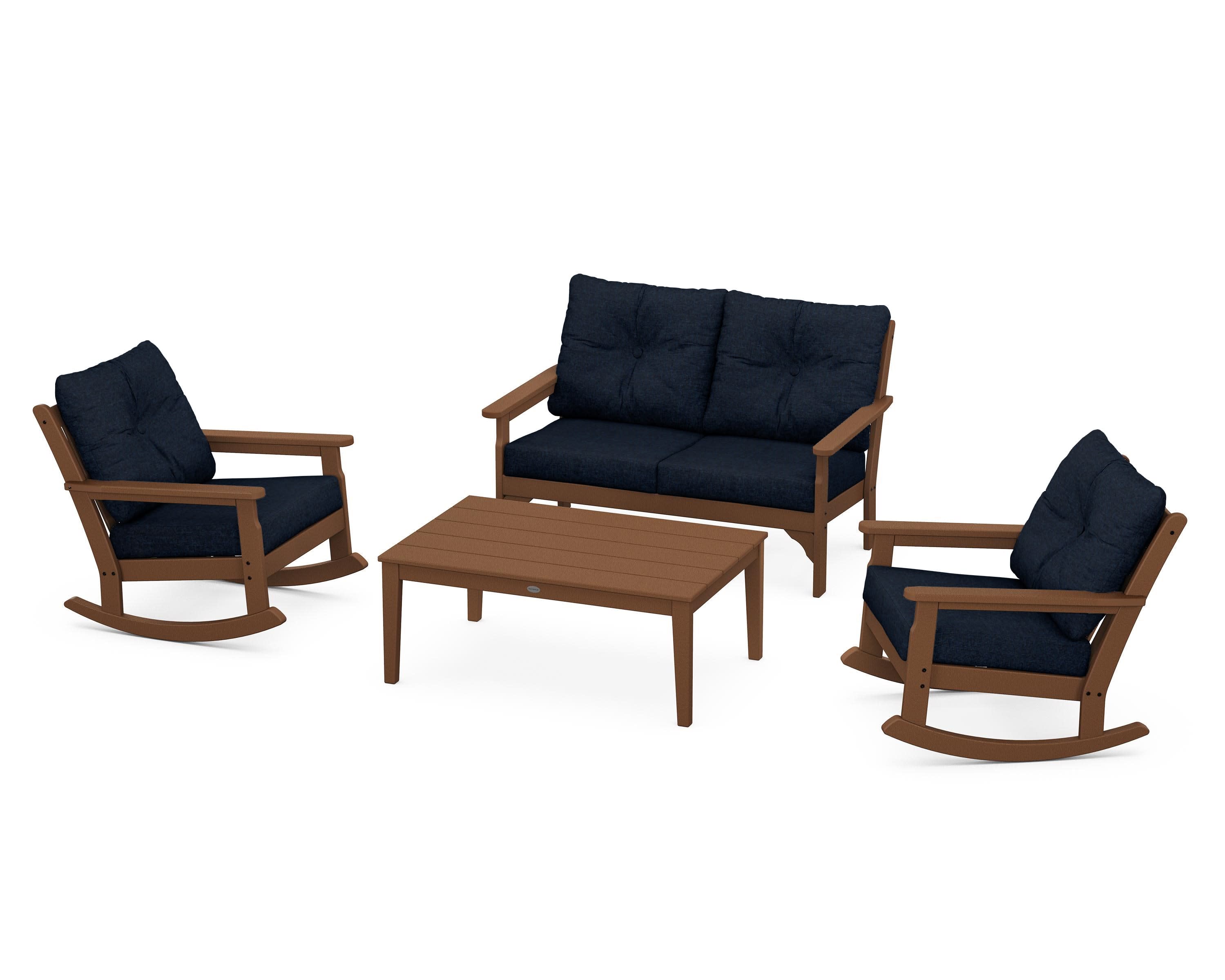 Vineyard 4-Piece Deep Seating Rocking Chair Set in Teak / Marine Indigo