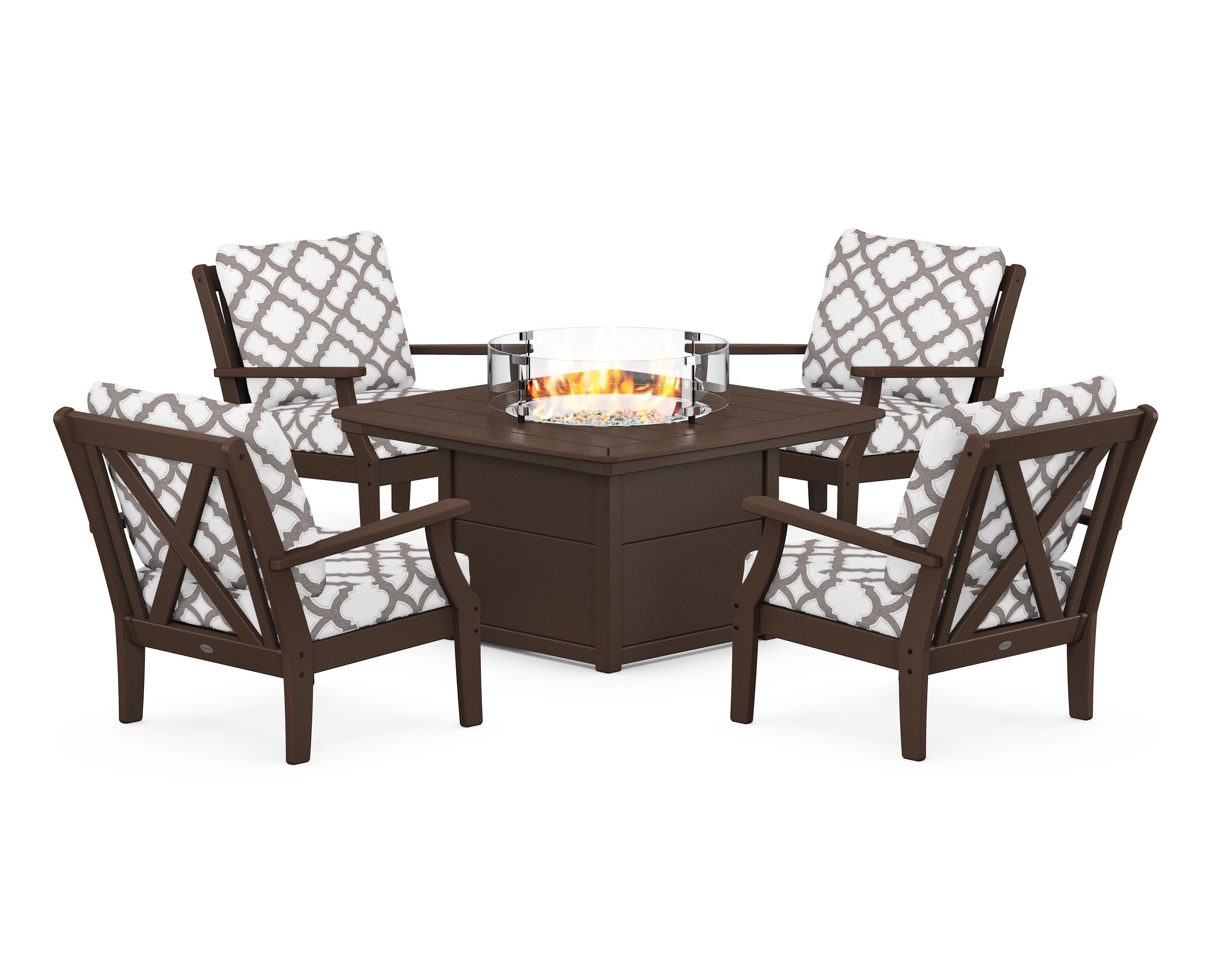 Braxton 5-Piece Deep Seating Conversation Set with Fire Pit Table in Mahogany / Trellis Grey Mist