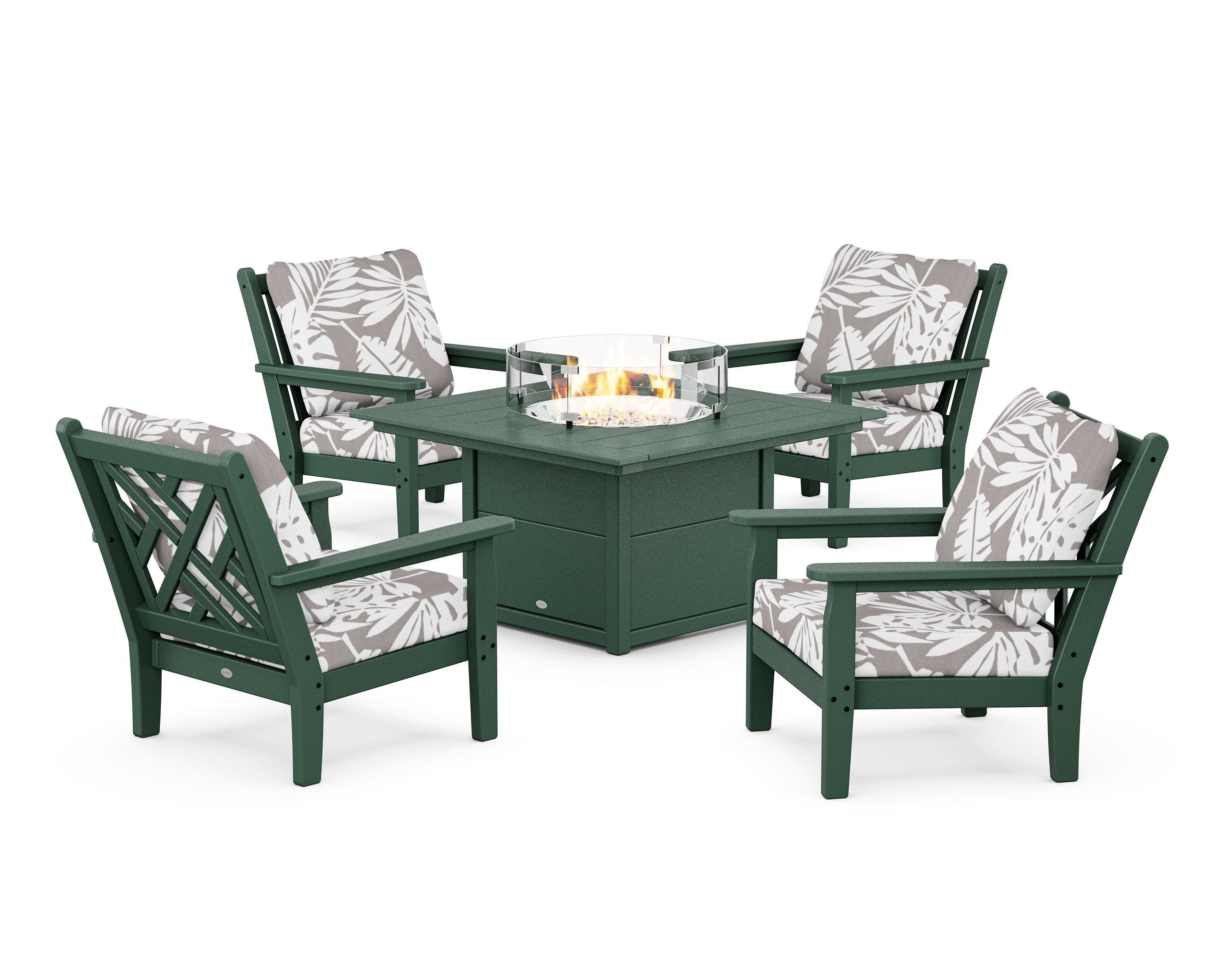 Chippendale 5-Piece Deep Seating Set with Fire Pit Table in Green / Leaf Grey Mist