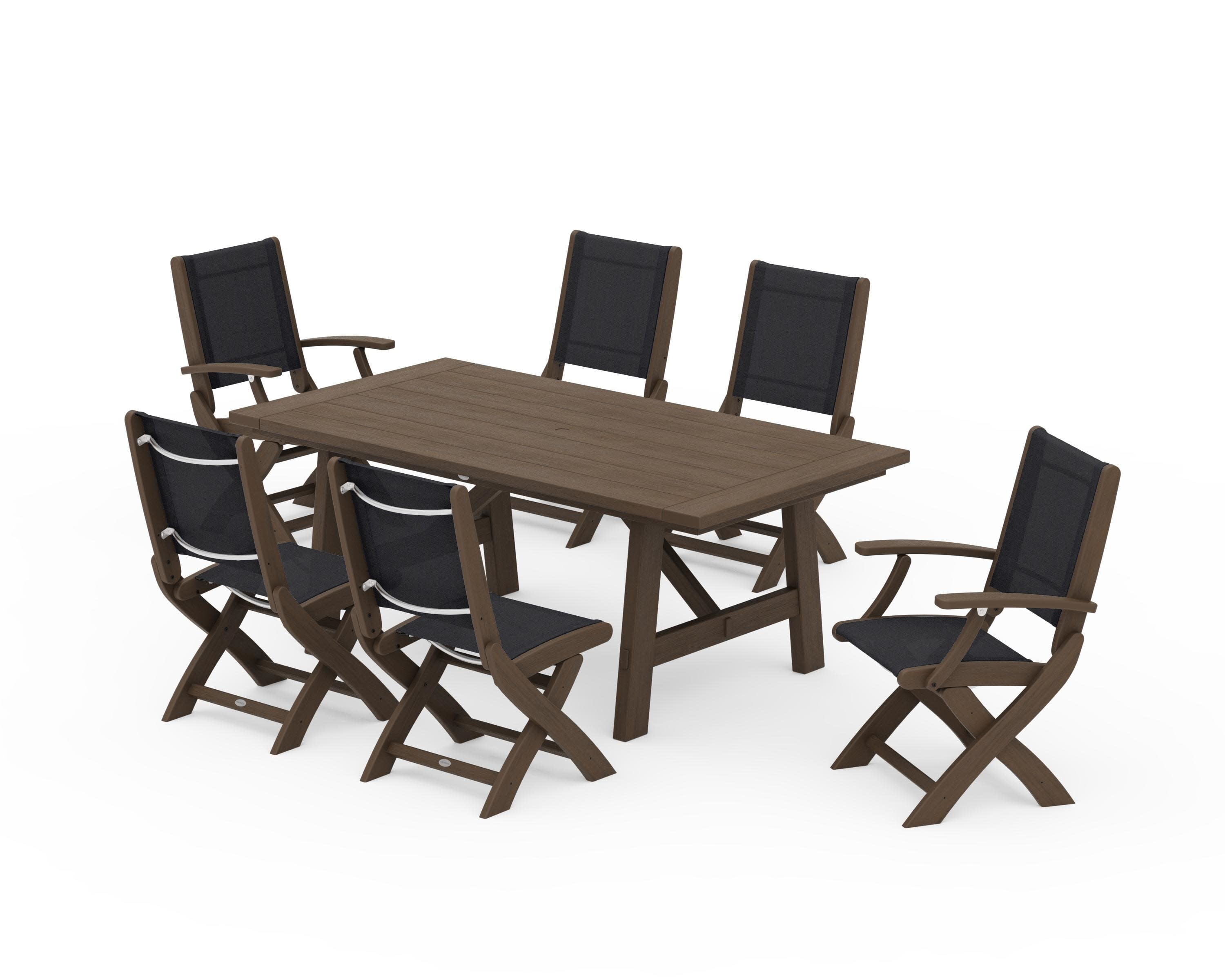 Coastal Folding Chair 7-Piece Rustic Farmhouse Dining Set in Kona / Black Sling