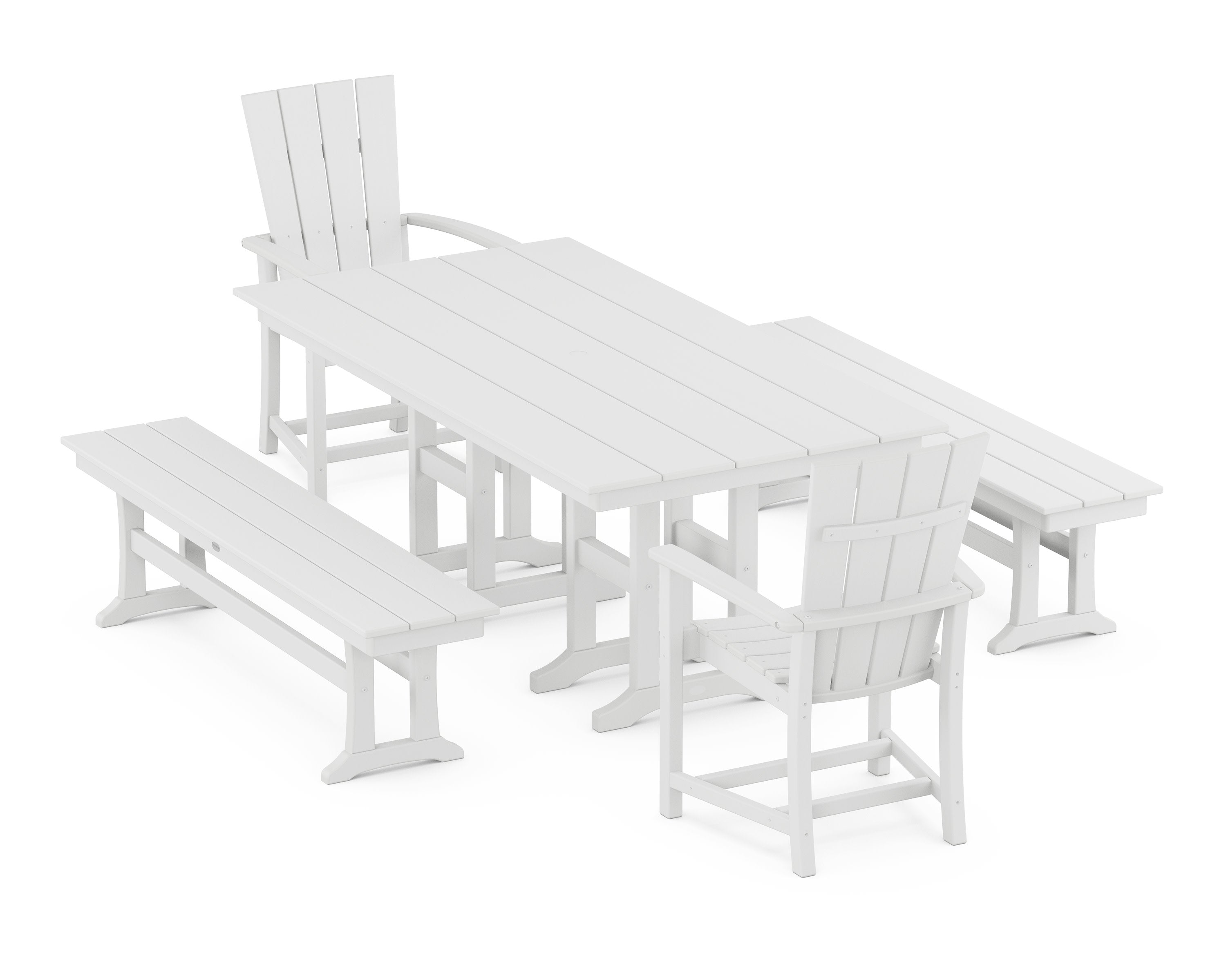 Quattro 5-Piece Farmhouse Dining Set with Benches in White
