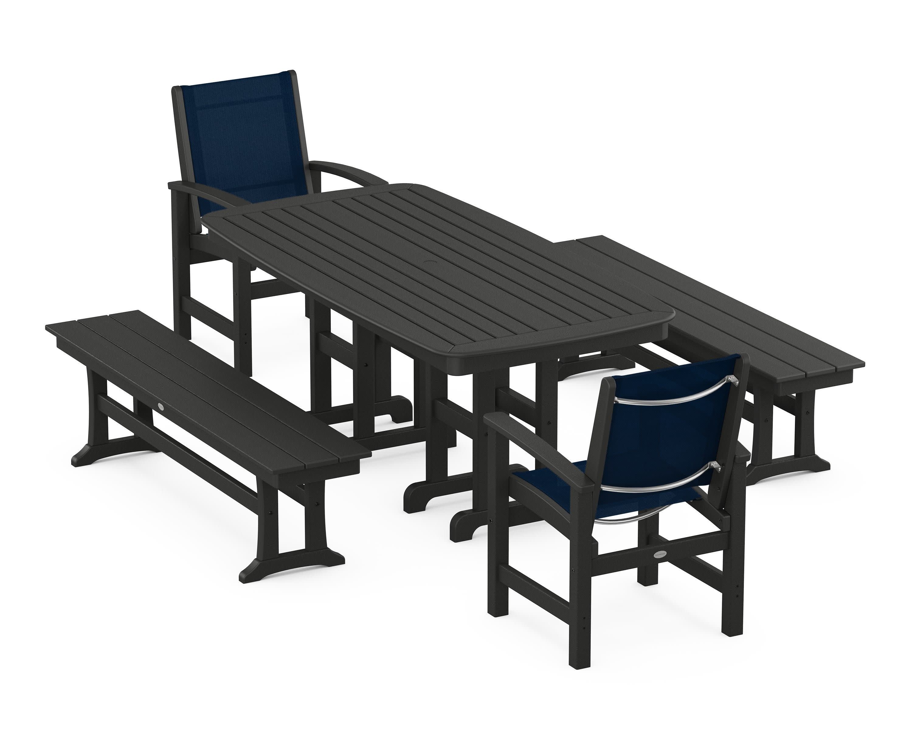 Coastal 5-Piece Dining Set in Black / Navy Blue Sling