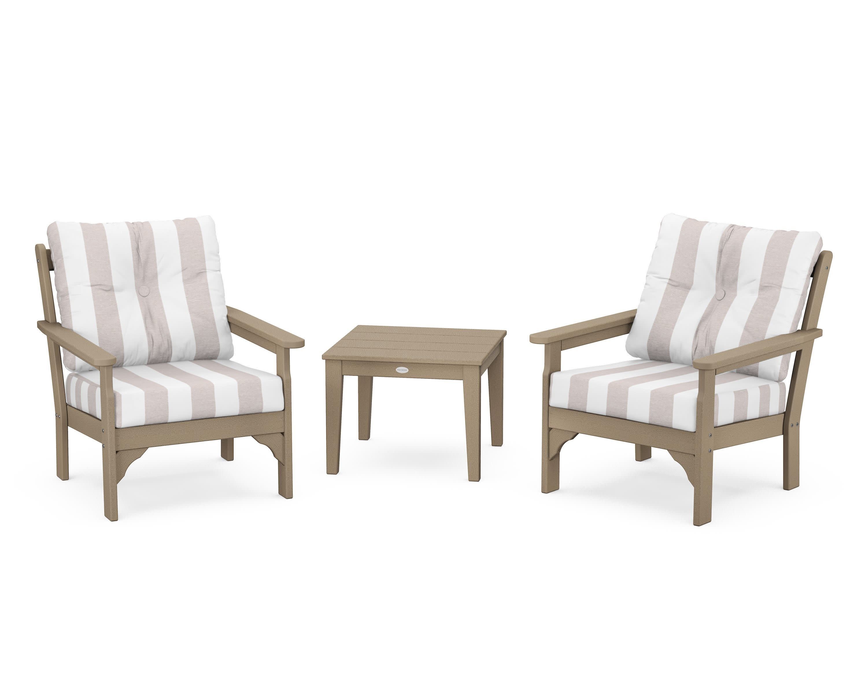 Vineyard 3-Piece Deep Seating Set in Vintage Sahara / Cabana Stripe Dune Burlap