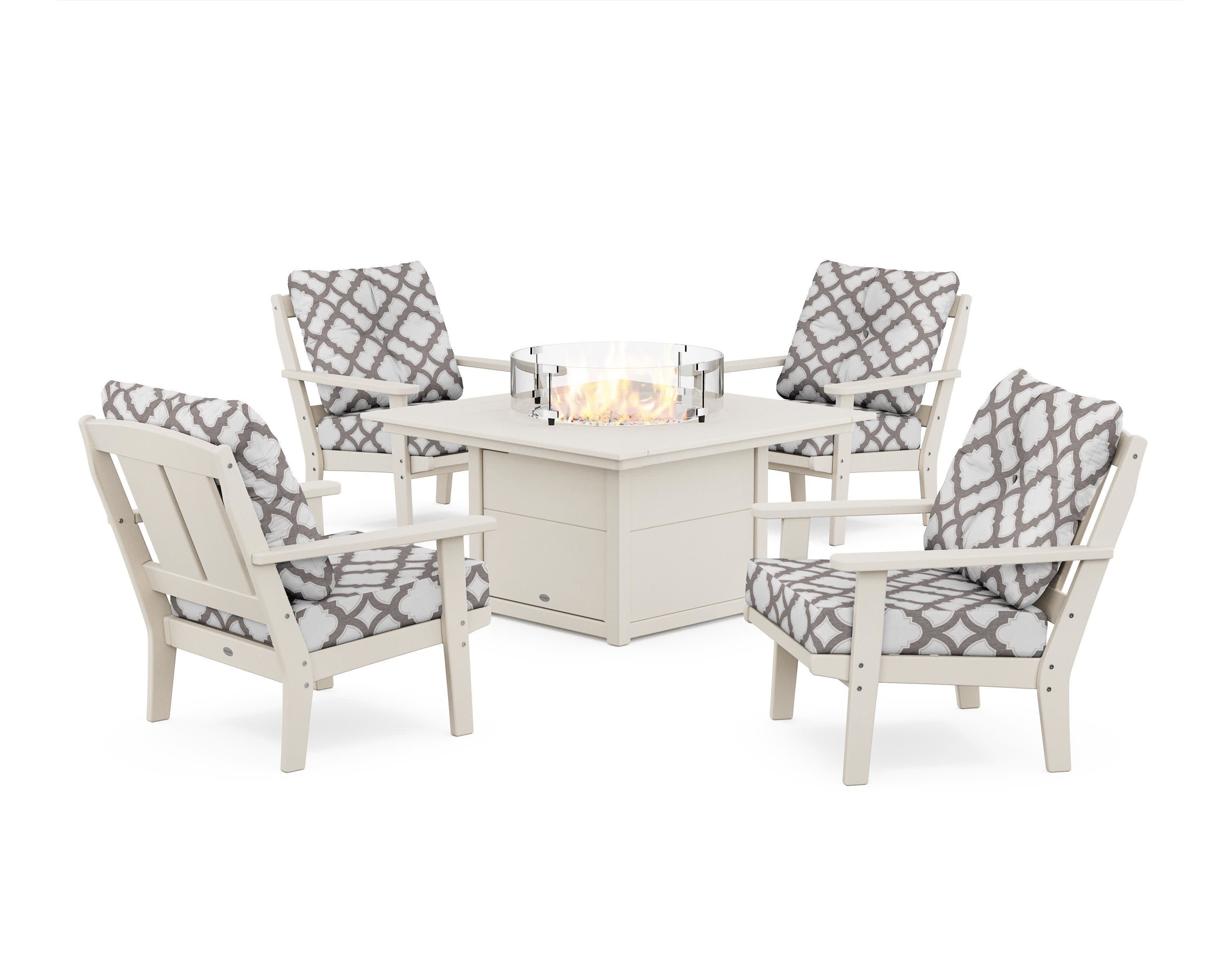 Mission 5-Piece Deep Seating Set with Fire Pit Table in Sand / Trellis Grey Mist