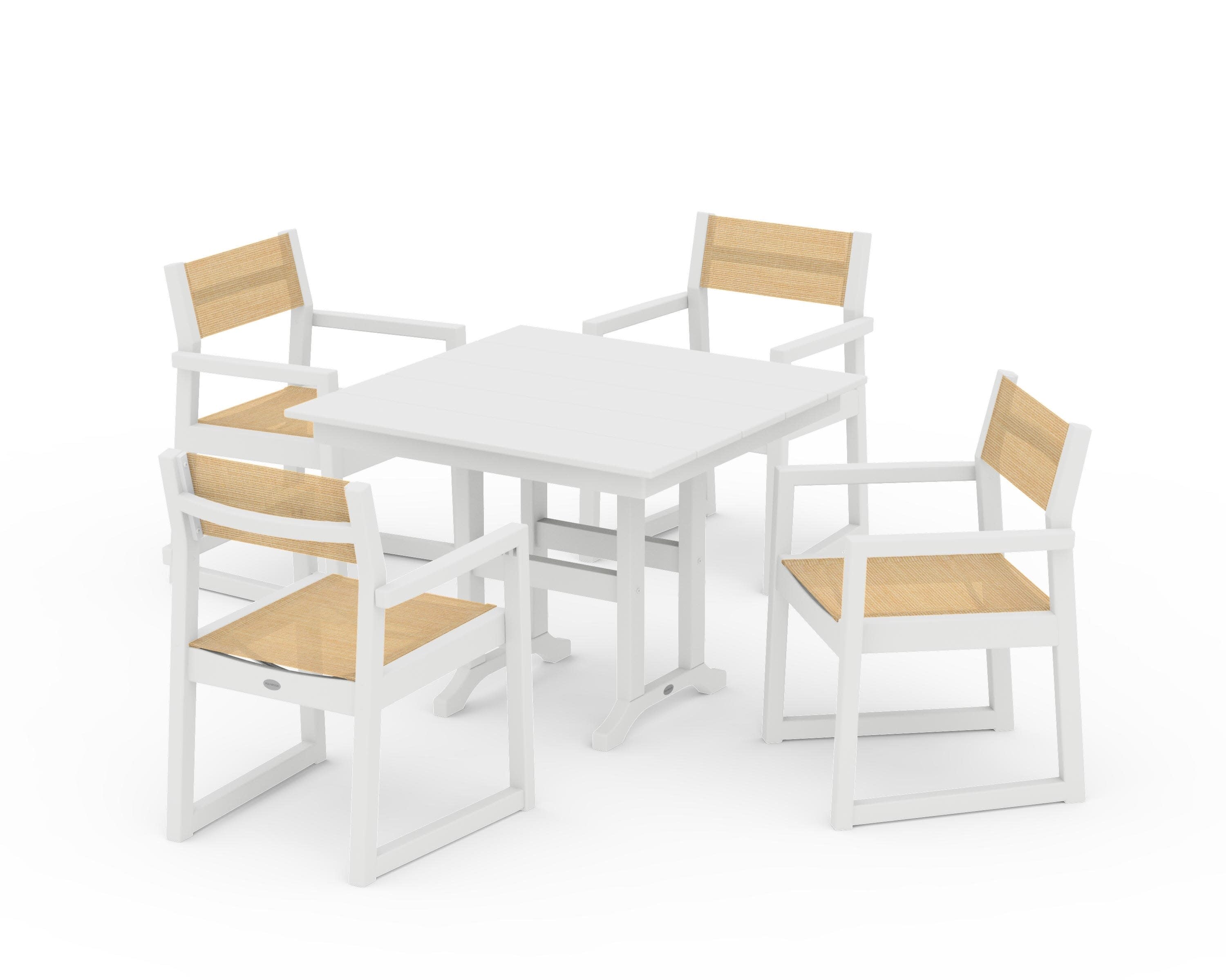 EDGE Sling Arm Chair 5-Piece Farmhouse Dining Set in White / Dupioni Apricot Sling