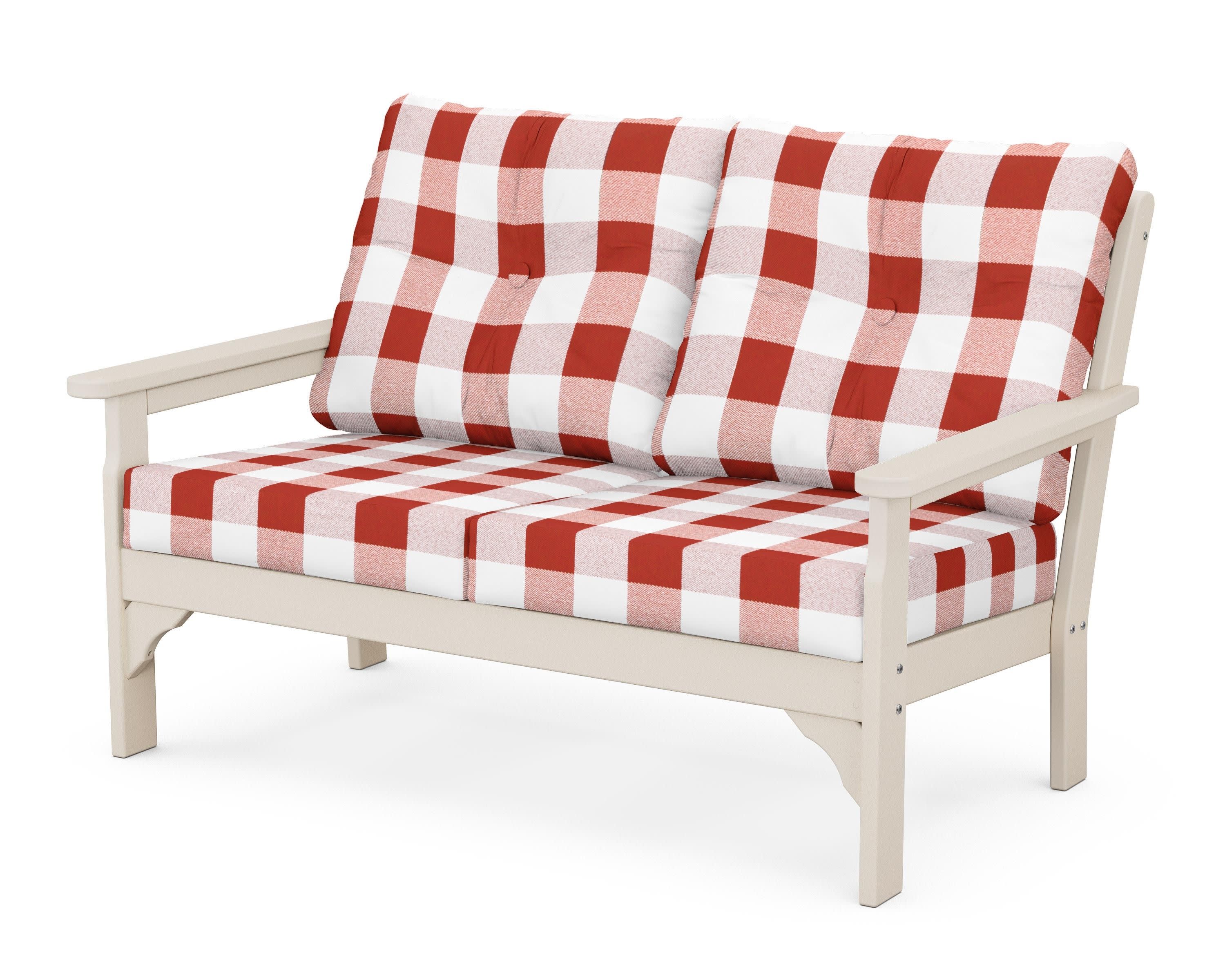 Vineyard Deep Seating Loveseat in Sand / Buffalo Plaid Crimson