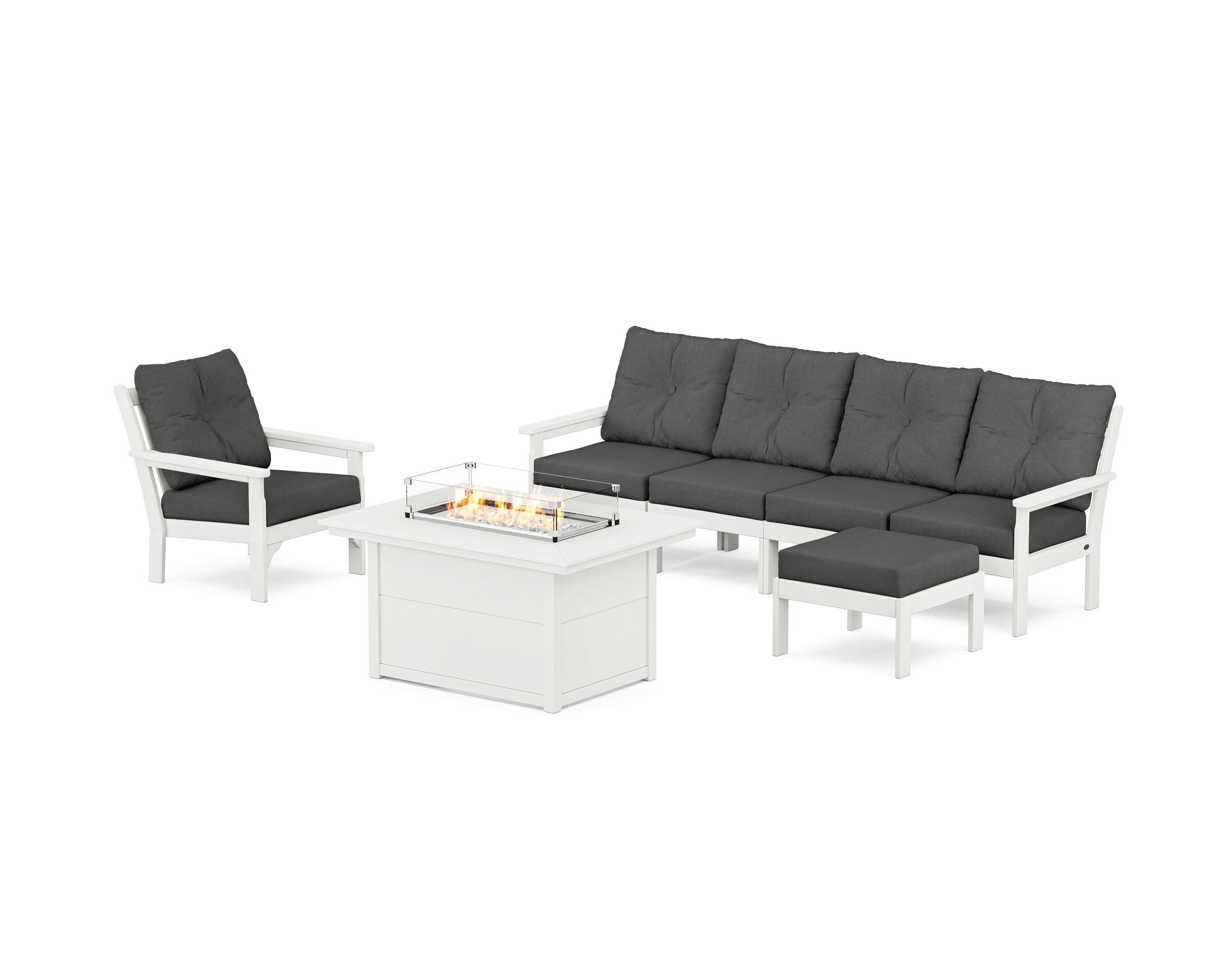 Vineyard Sectional Lounge and Fire Pit Set in Vintage White / Spectrum Carbon