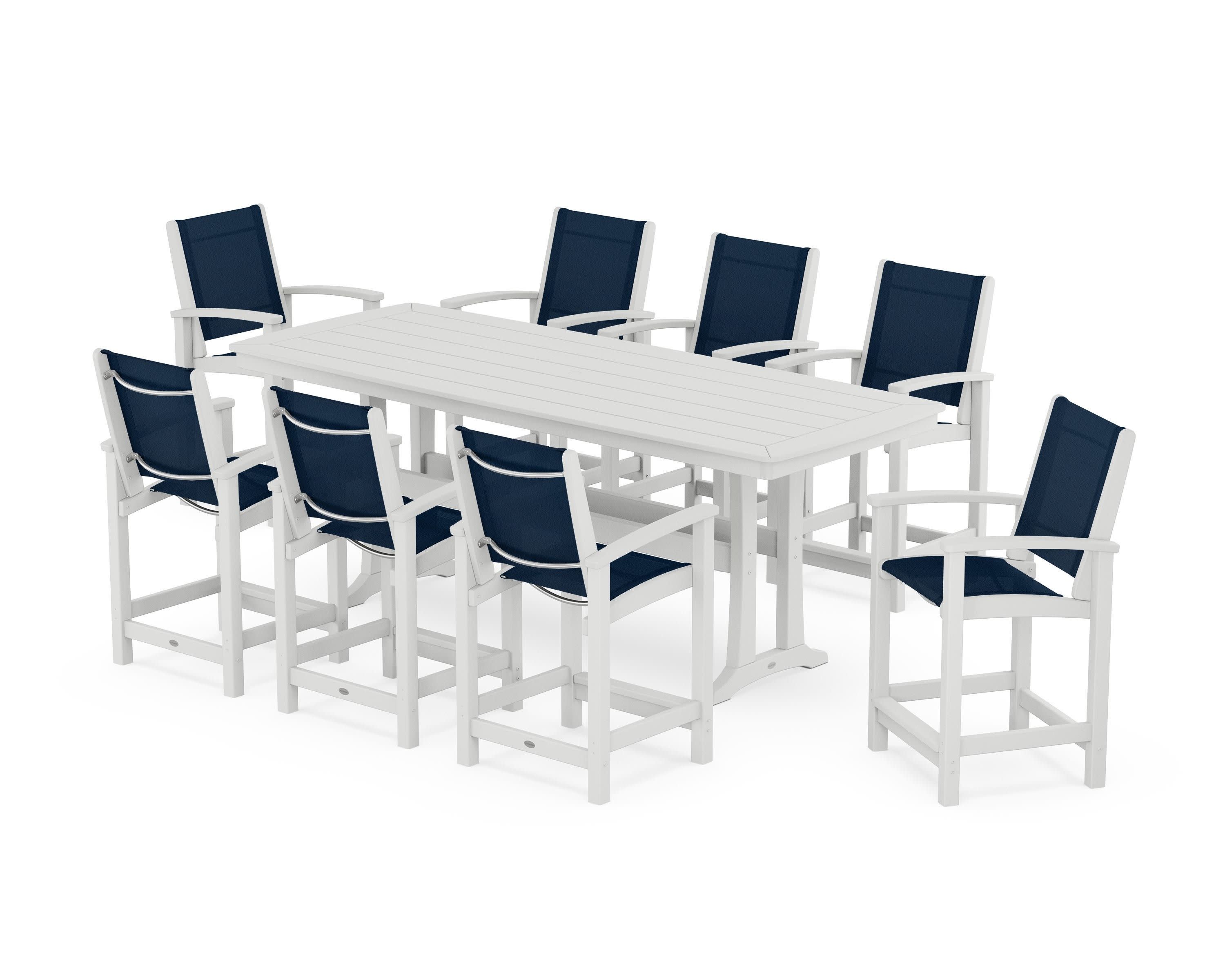 Coastal 9-Piece Counter Set with Trestle Legs in White / Navy Blue Sling