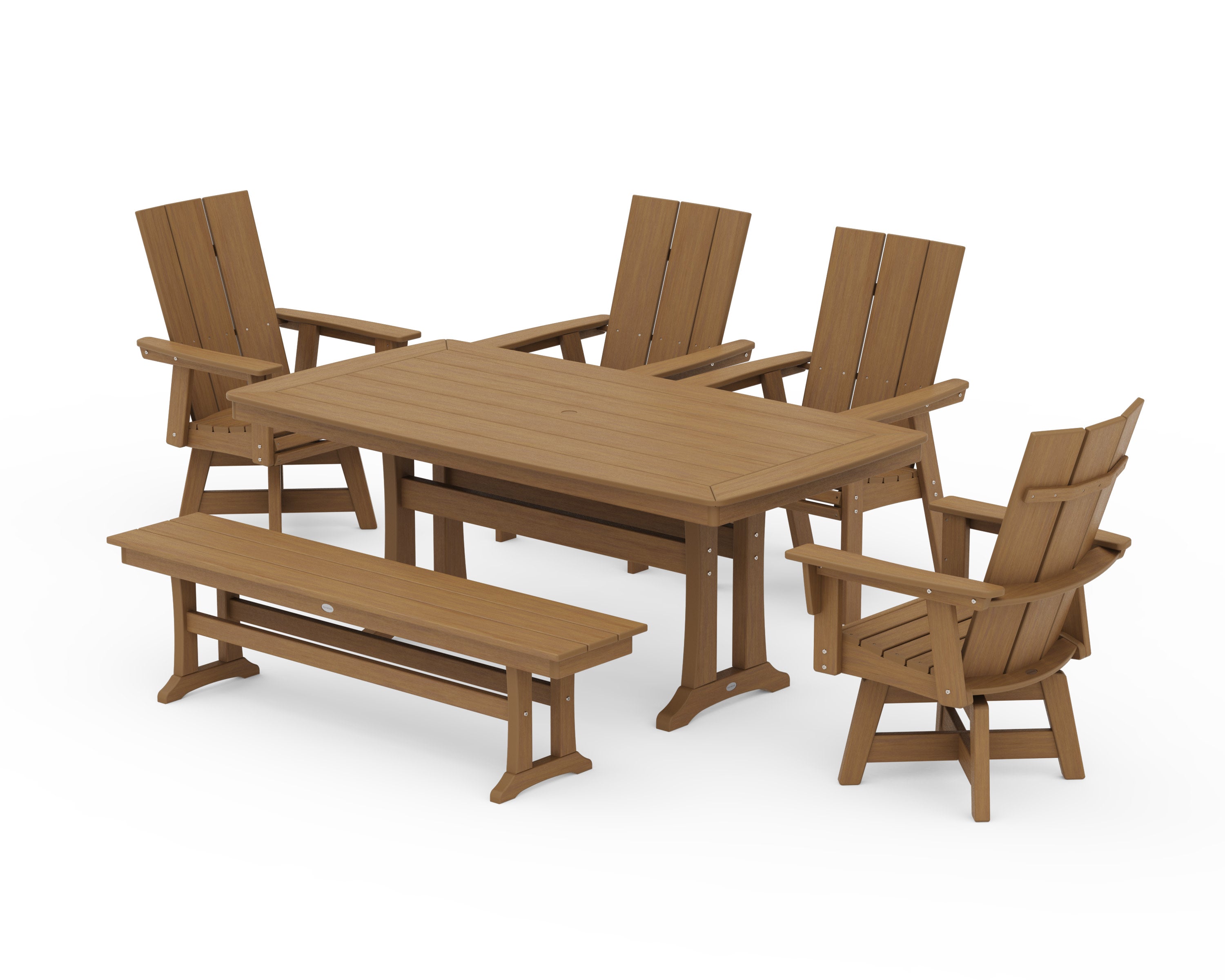 Modern Curveback Adirondack Swivel Chair 6-Piece Dining Set with Trestle Legs and Bench in Natural