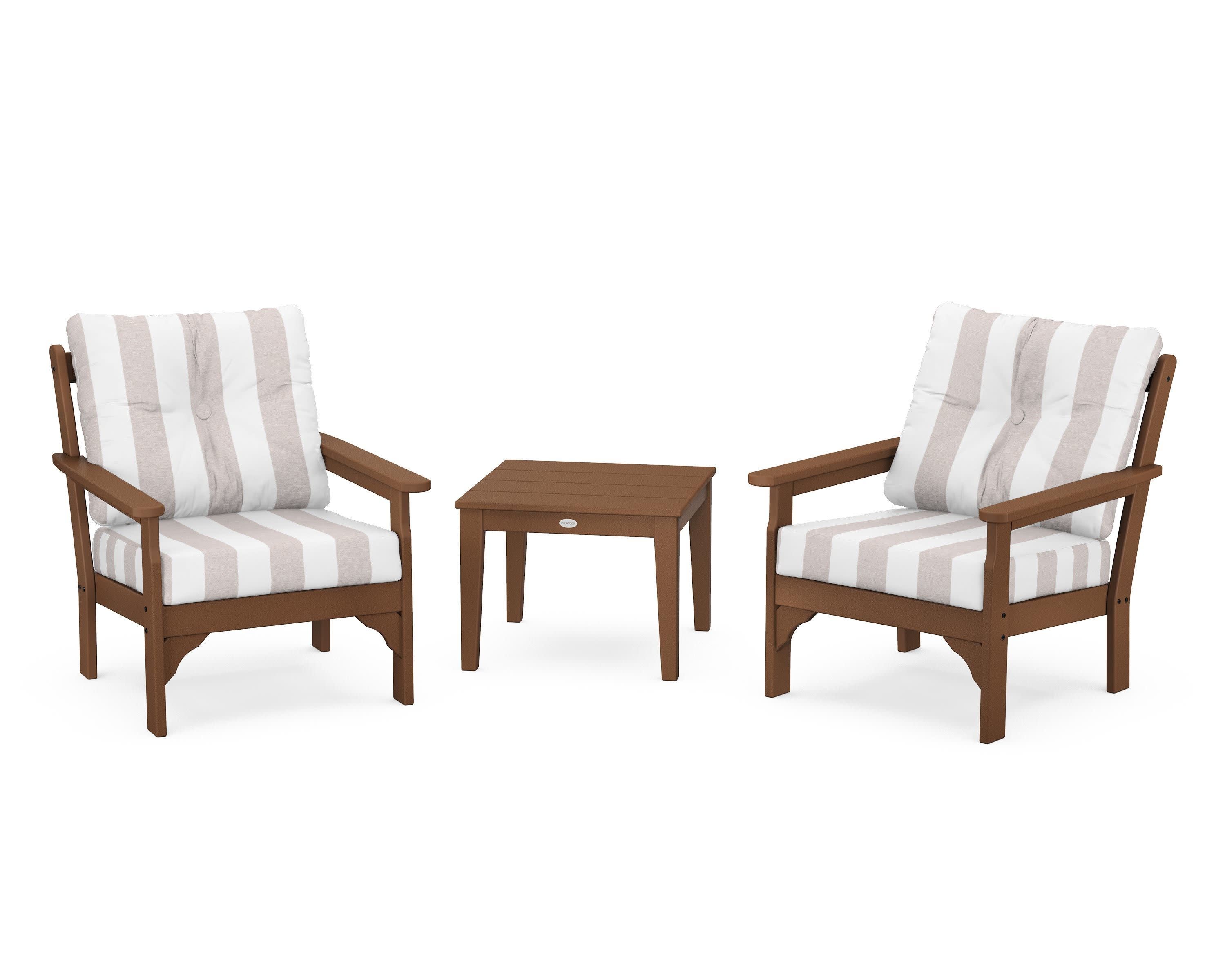 Vineyard 3-Piece Deep Seating Set in Teak / Cabana Stripe Dune Burlap