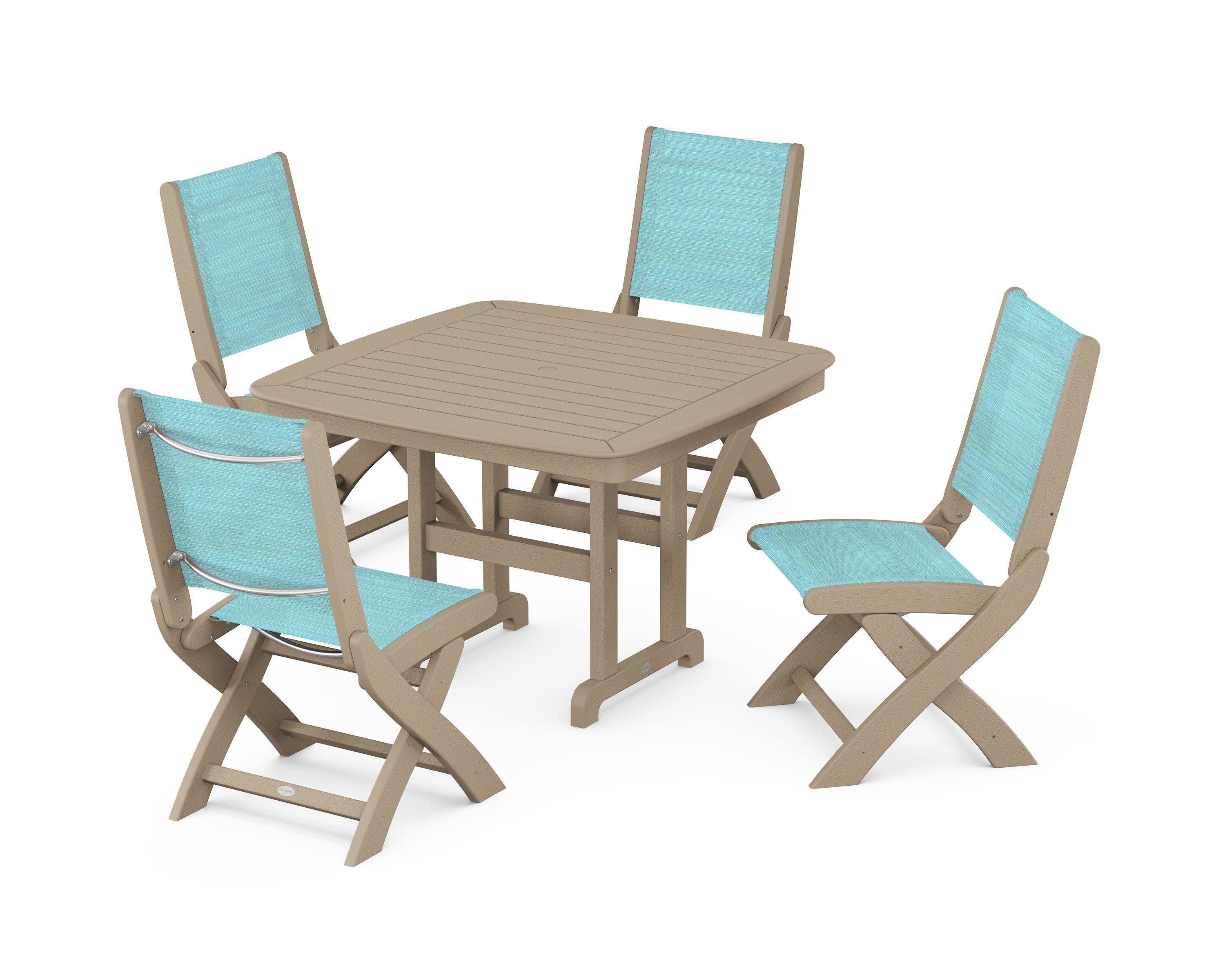 Coastal Folding Side Chair 5-Piece Dining Set in Vintage Sahara / Dupioni Aquamarine Sling