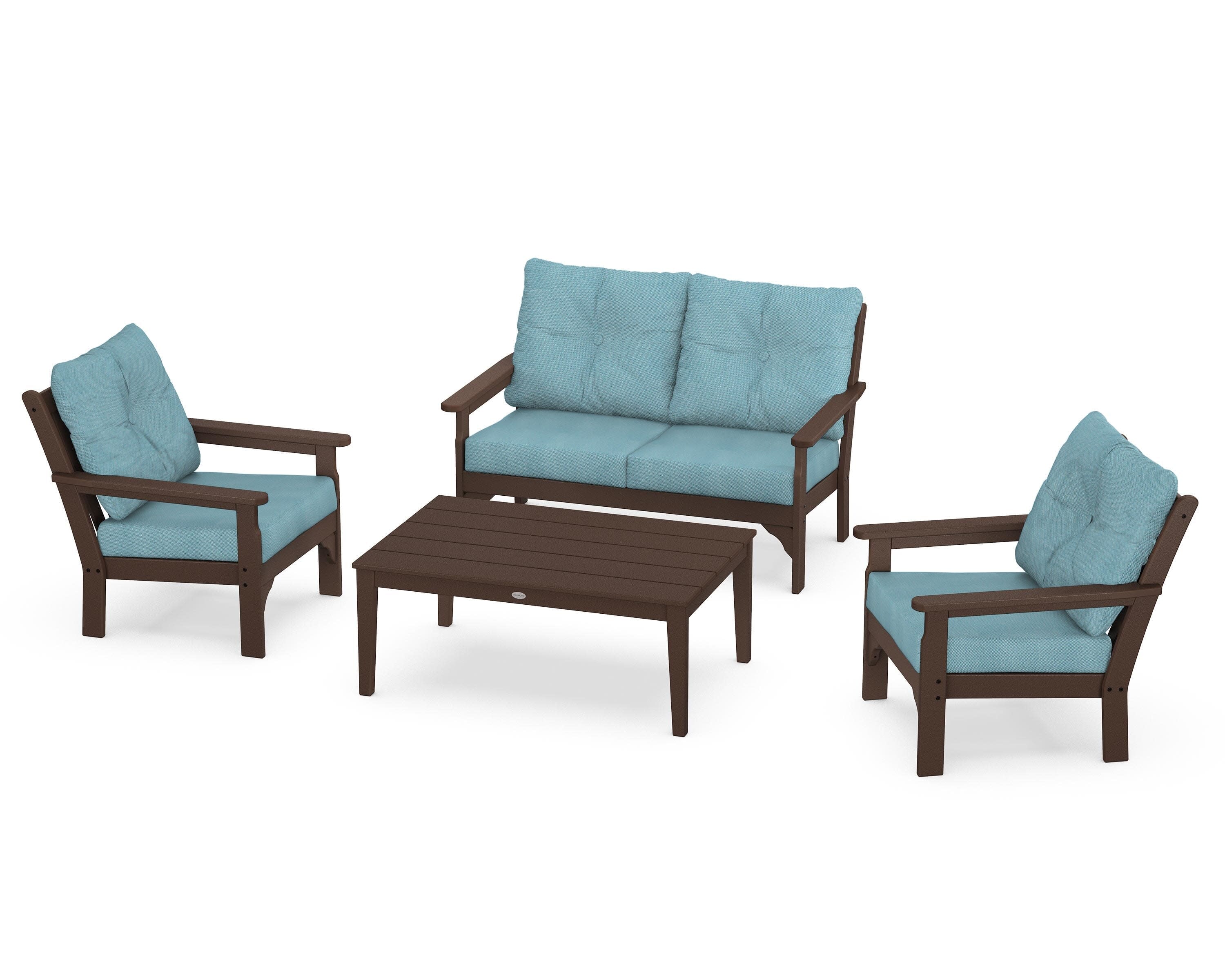 Vineyard 4-Piece Deep Seating Set in Mahogany / Lattice Sky Blue