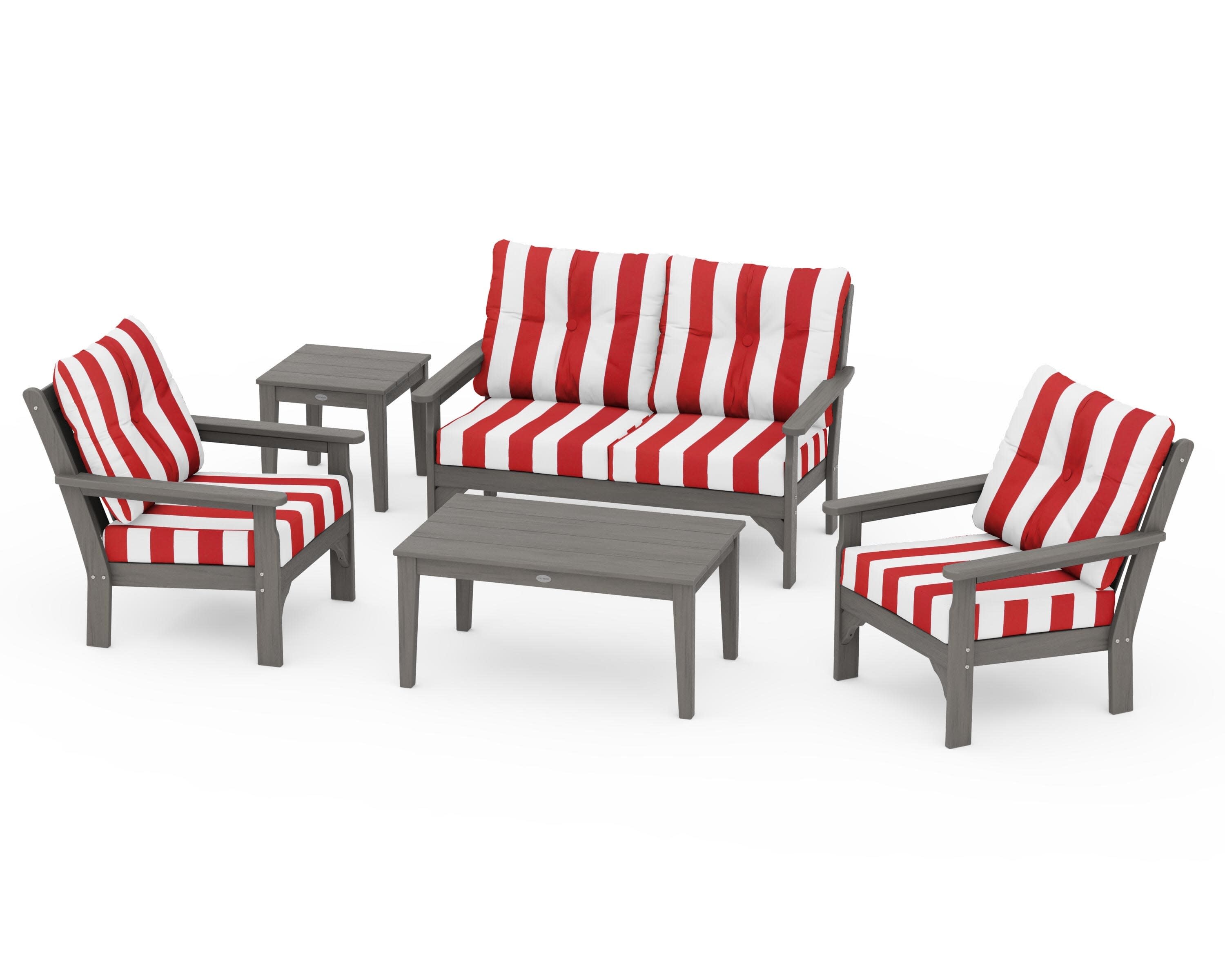 Vineyard 5-Piece Deep Seating Set in Driftwood / Cabana Stripe Crimson