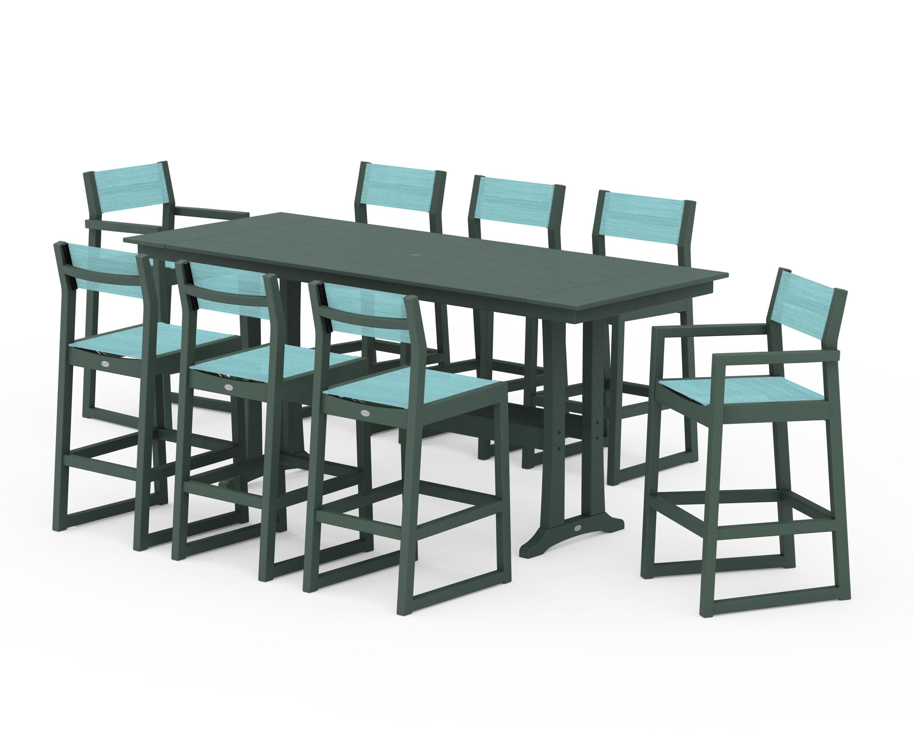 EDGE Sling 9-Piece Farmhouse Bar Set with Trestle Legs in Green / Dupioni Aquamarine Sling