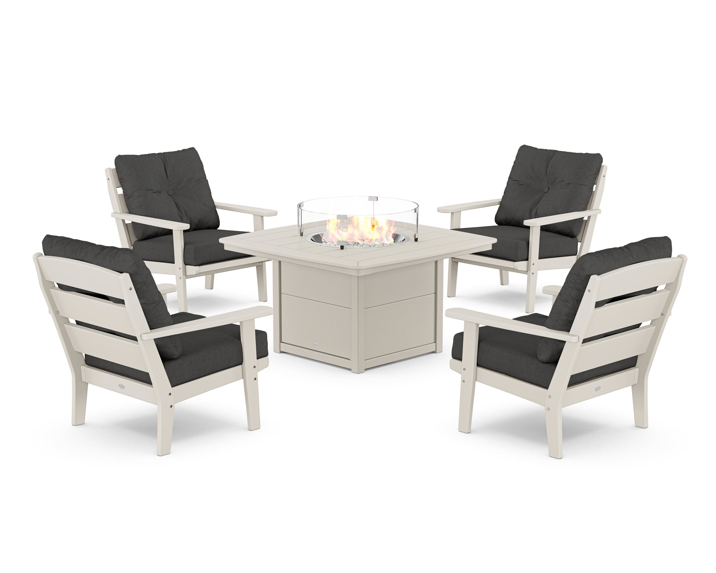 Lakeside 5-Piece Deep Seating Set with Nautical Fire Pit Table in Sand / Spectrum Carbon