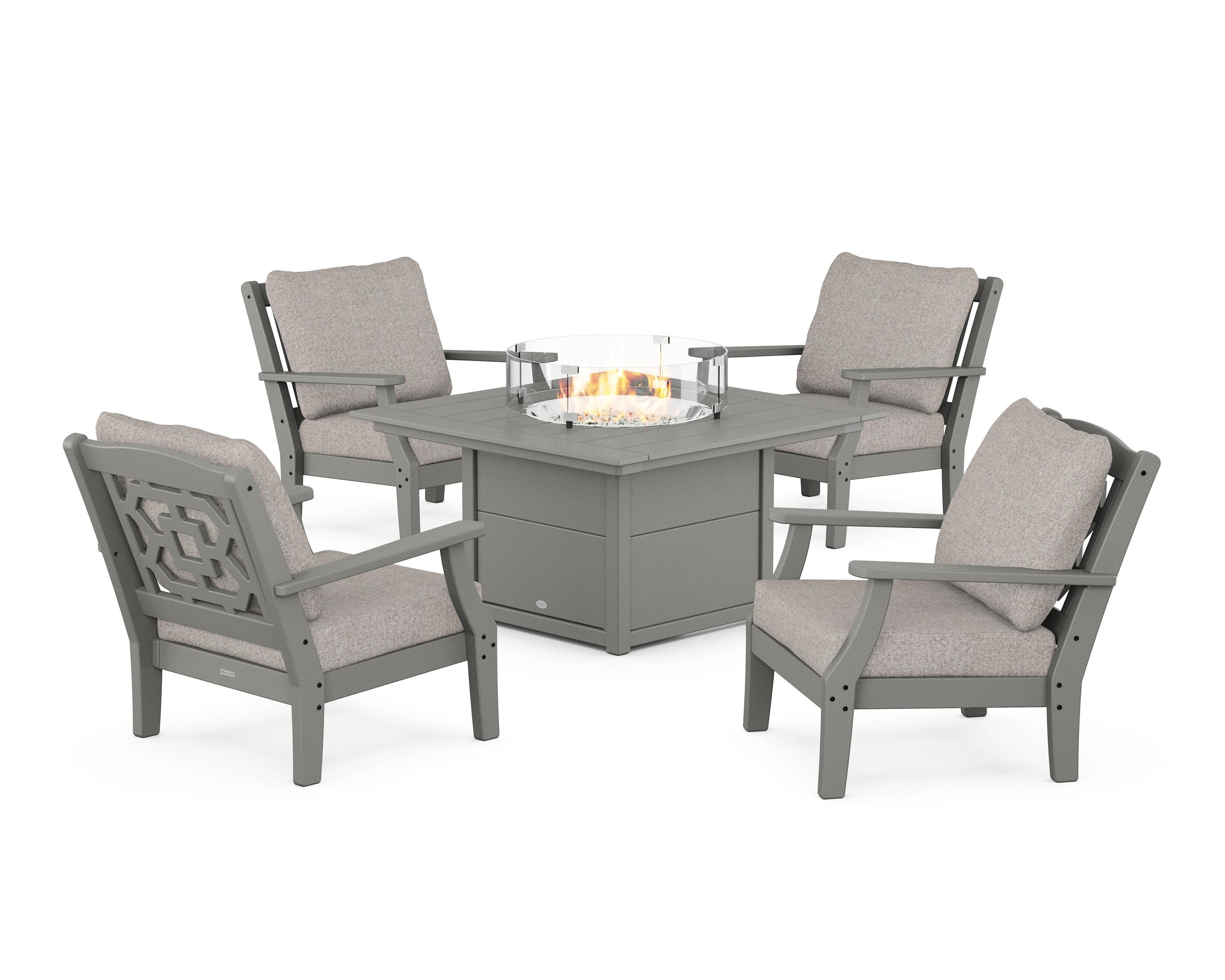 Chinoiserie 5-Piece Deep Seating Set with Fire Pit Table in Slate Grey / Weathered Tweed