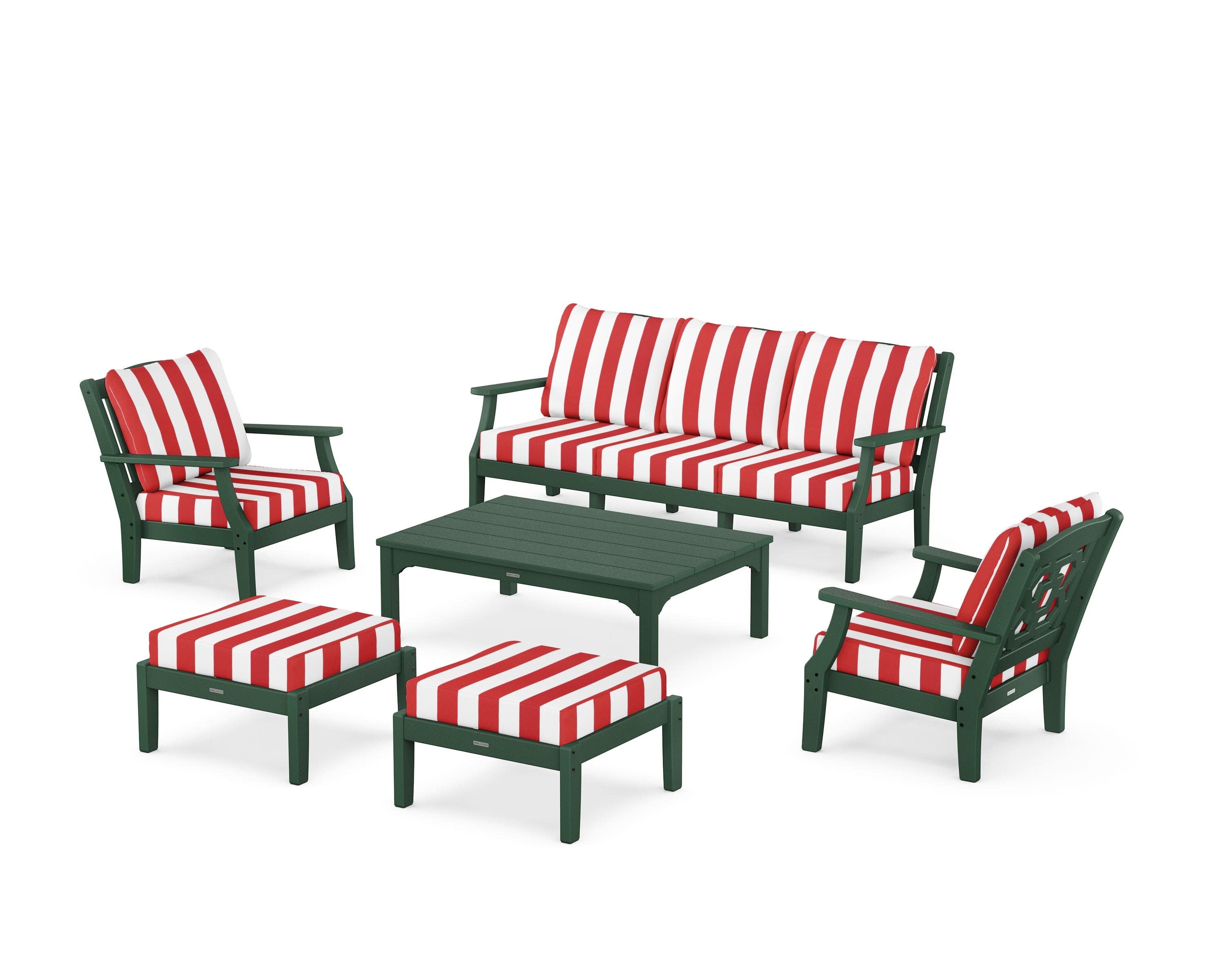 Chinoiserie 6-Piece Lounge Sofa Set in Green / Cabana Stripe Crimson