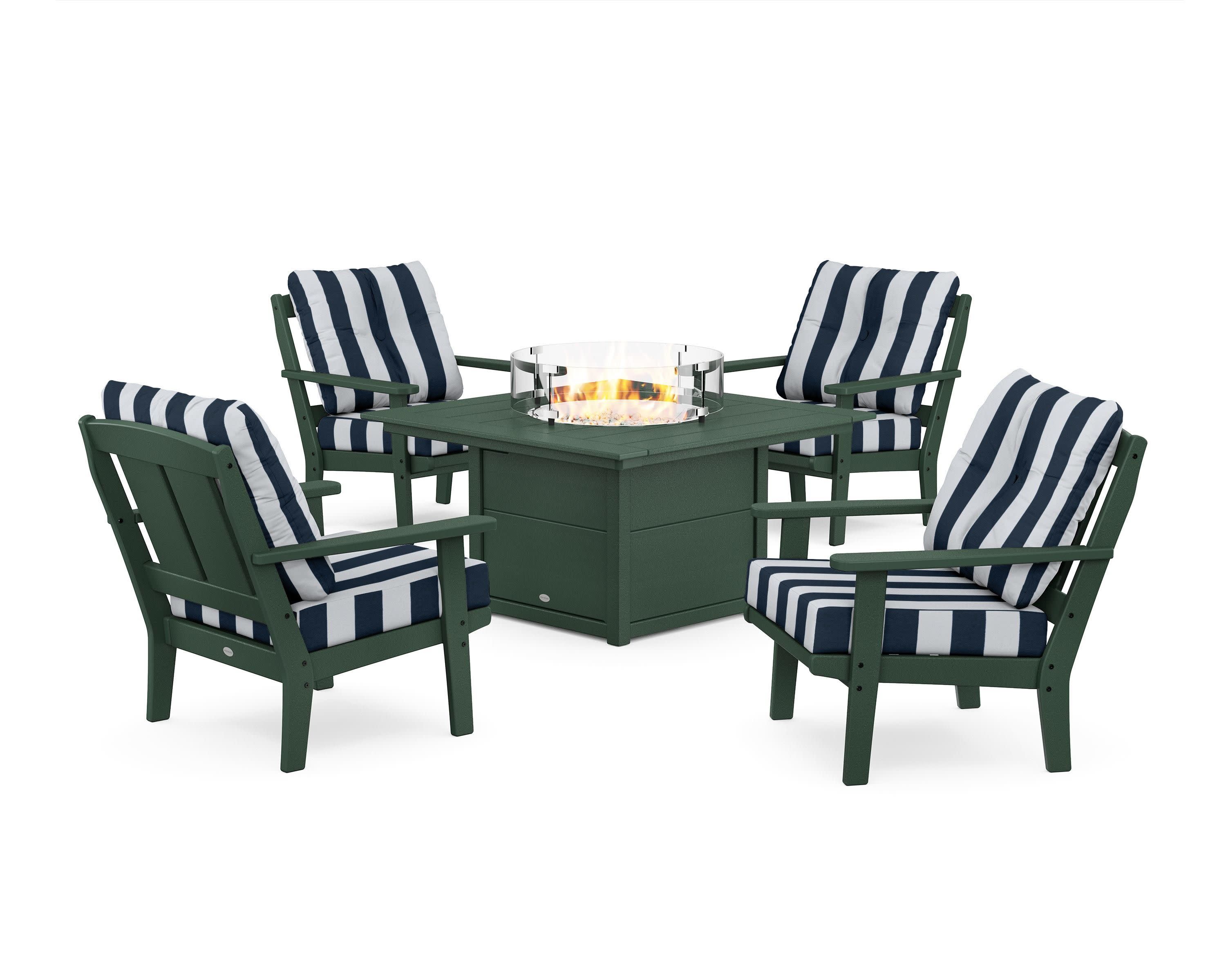 Mission 5-Piece Deep Seating Set with Fire Pit Table in Green / Cabana Stripe Marine Indigo