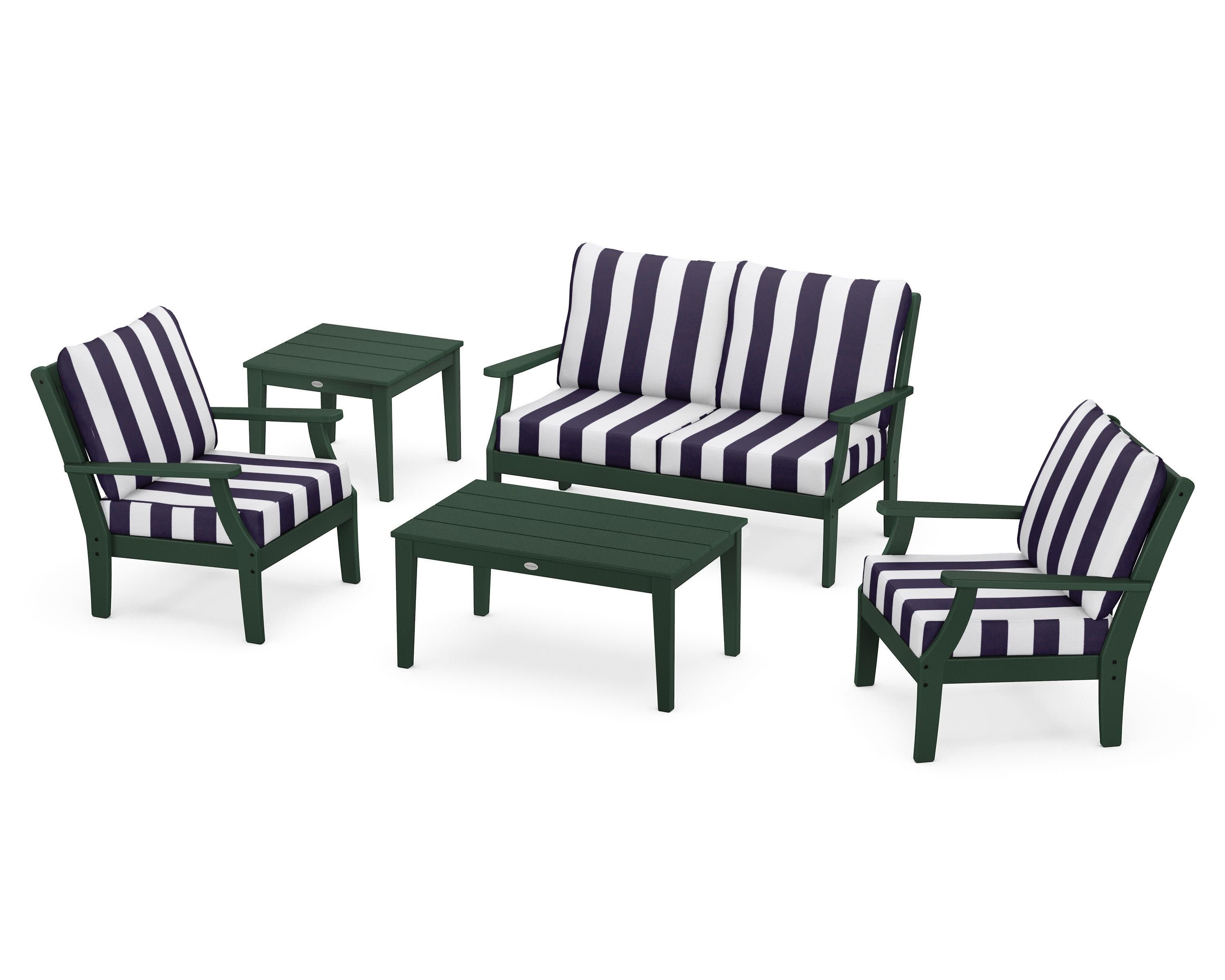 Braxton 5-Piece Deep Seating Set in Green / Cabana Stripe Navy