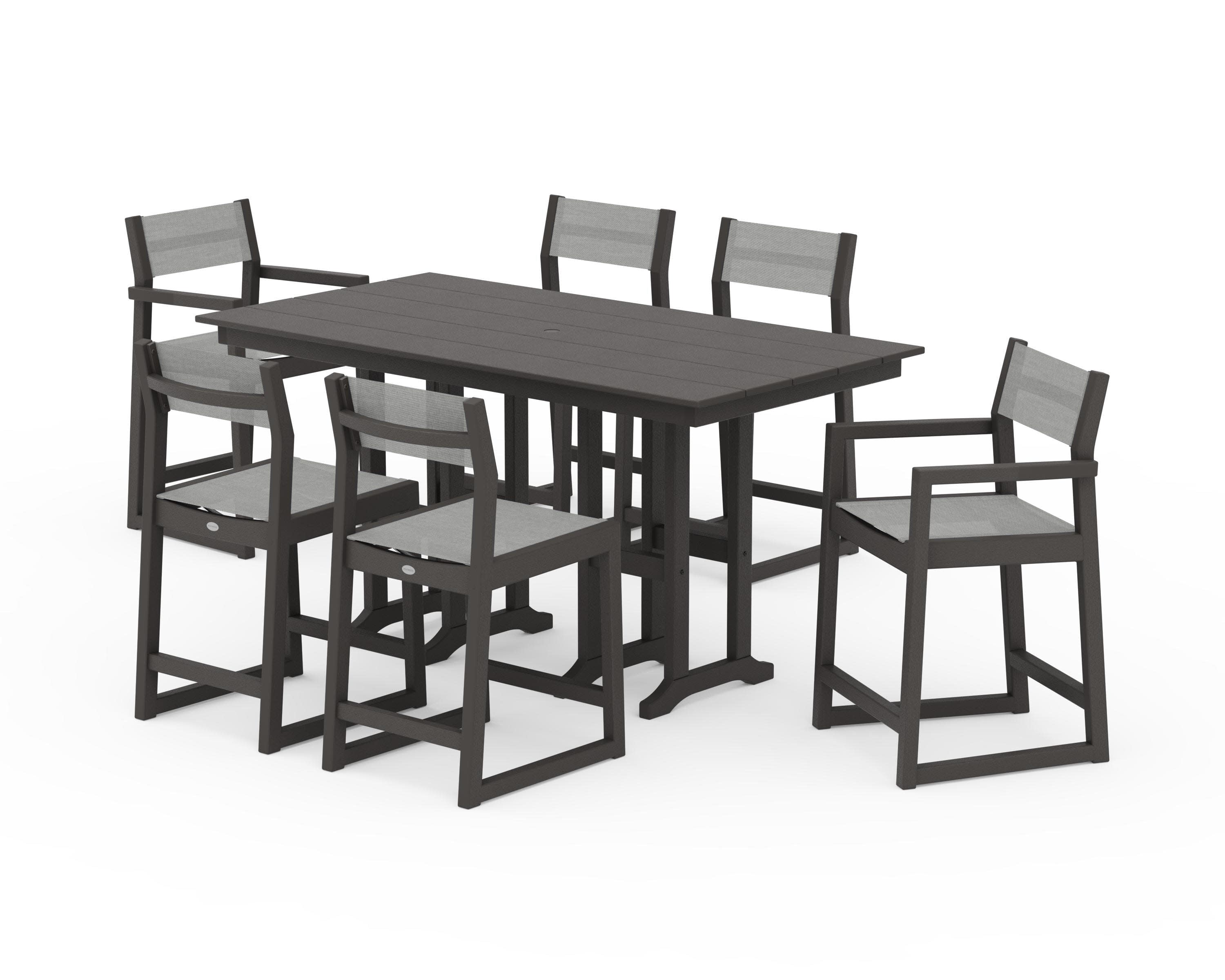 EDGE Sling 7-Piece Farmhouse Counter Set with Trestle Legs in Vintage Coffee / Metallic Sling