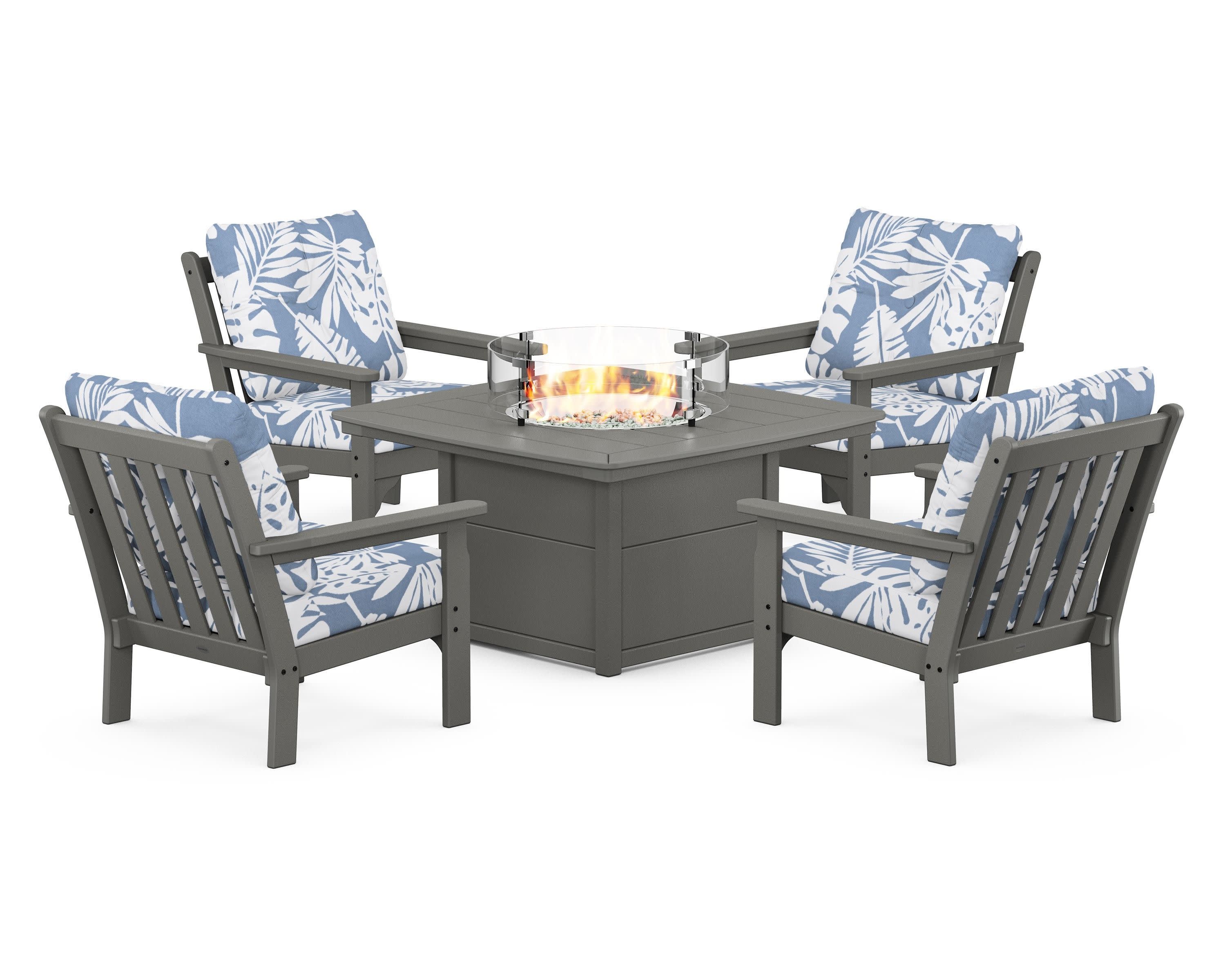 Vineyard 5-Piece Conversation Set with Fire Pit Table in Slate Grey / Leaf Sky Blue