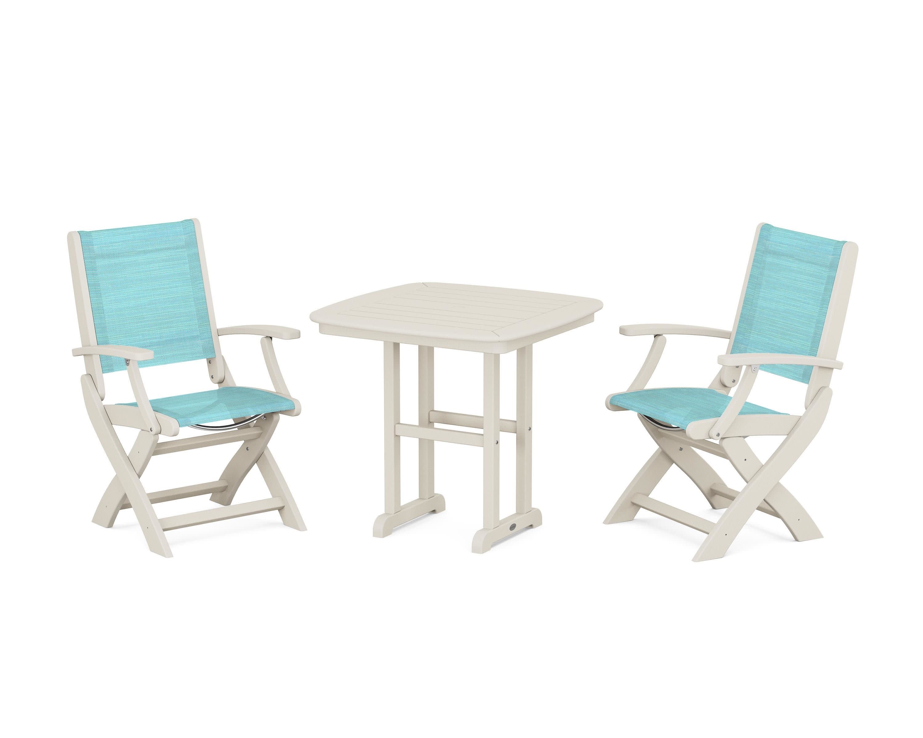 Coastal Folding Chair 3-Piece Dining Set in Sand / Dupioni Aquamarine Sling