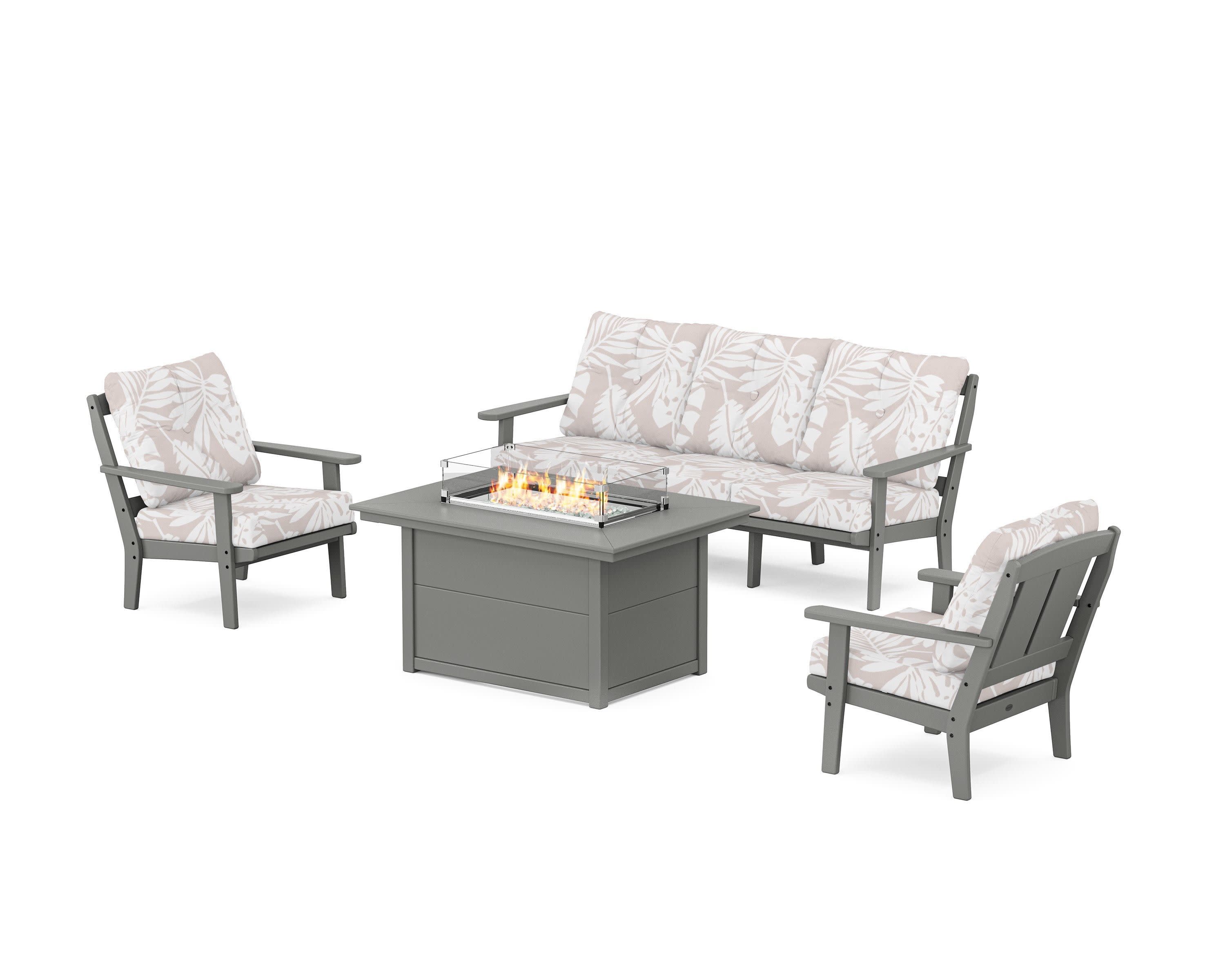Mission Deep Seating Fire Pit Table Set in Slate Grey / Leaf Dune Burlap