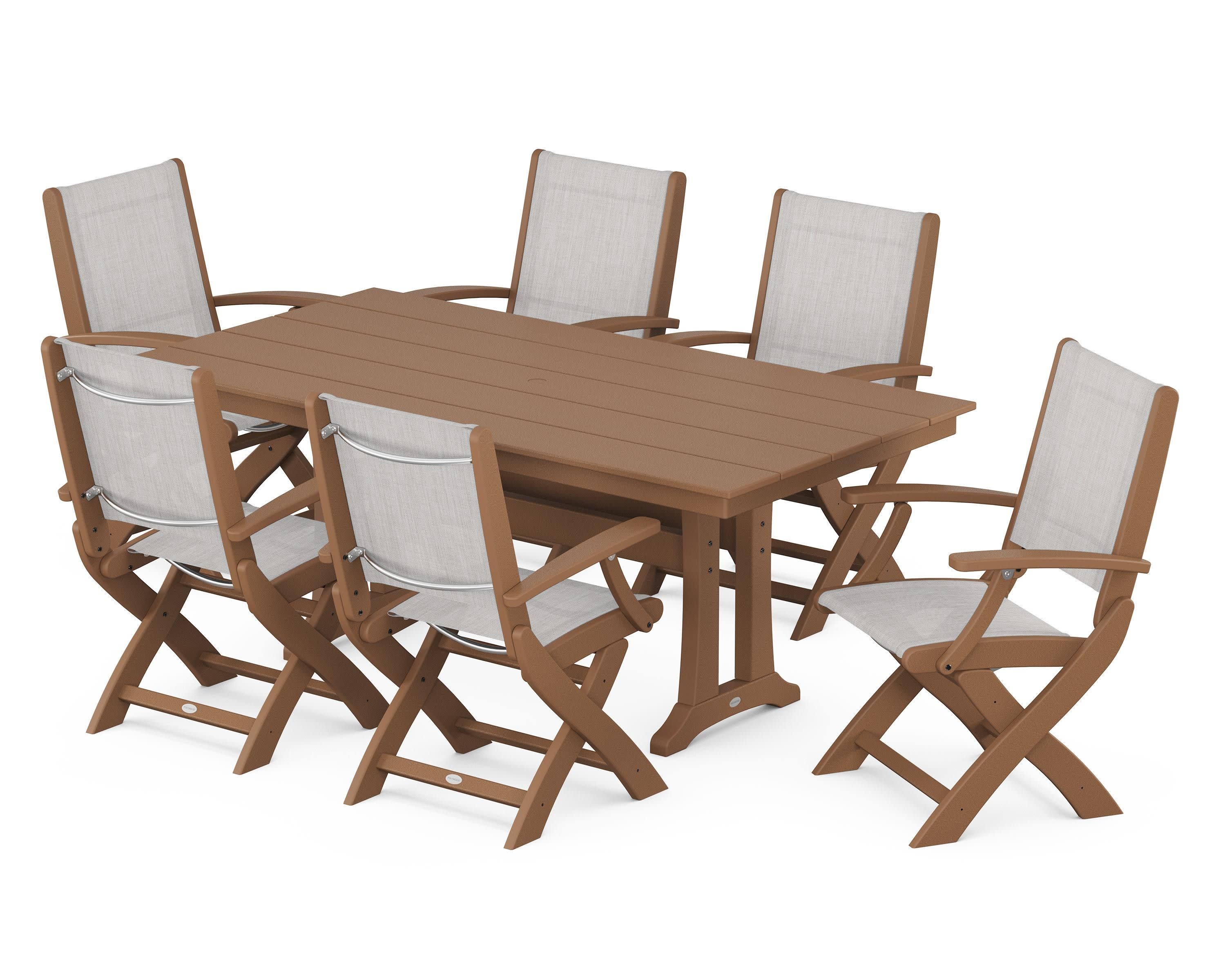 Coastal Folding Arm Chair 7-Piece Farmhouse Dining Set with Trestle Legs in Teak / Parchment Sling