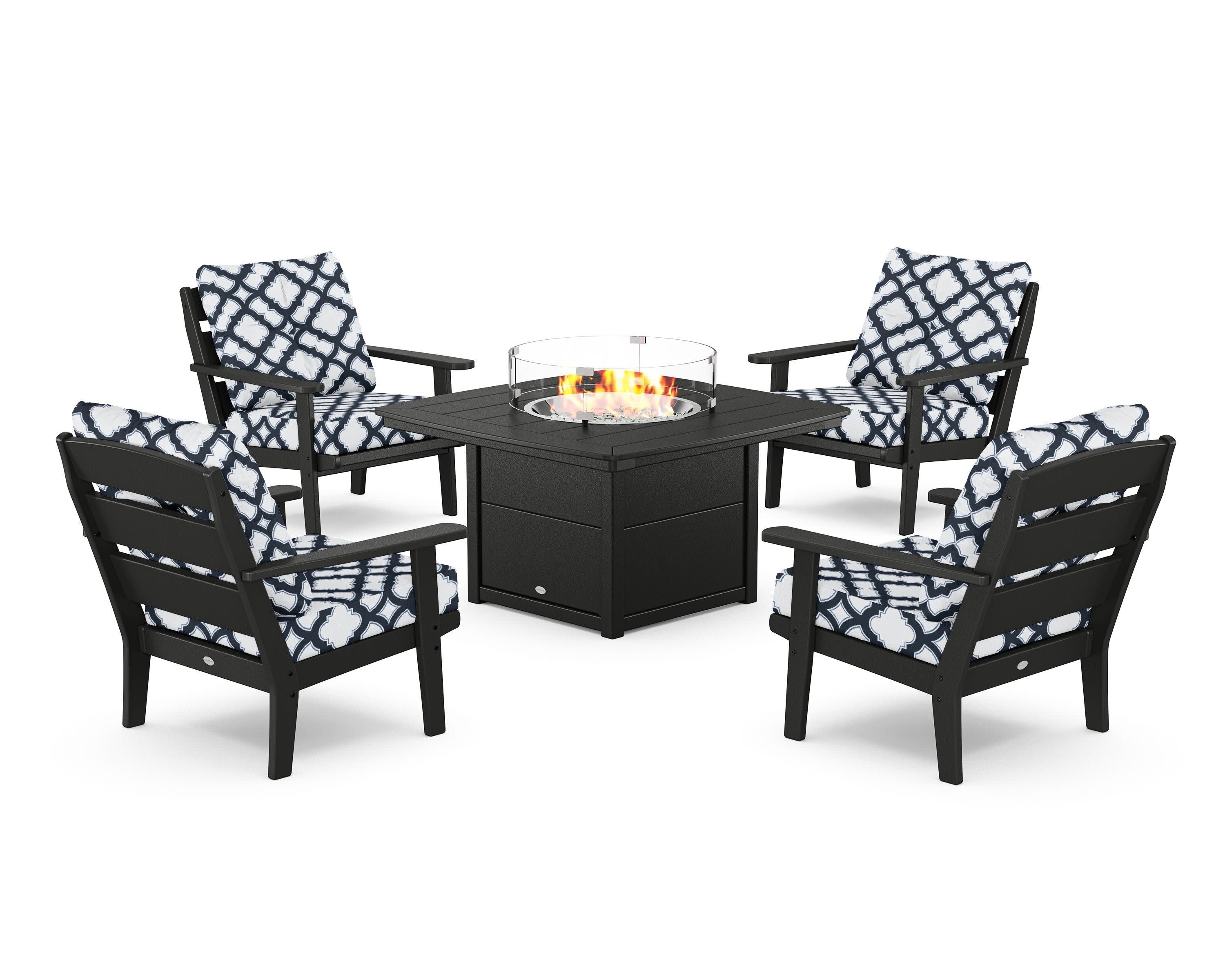 Lakeside 5-Piece Deep Seating Set with Nautical Fire Pit Table in Black / Trellis Marine Indigo
