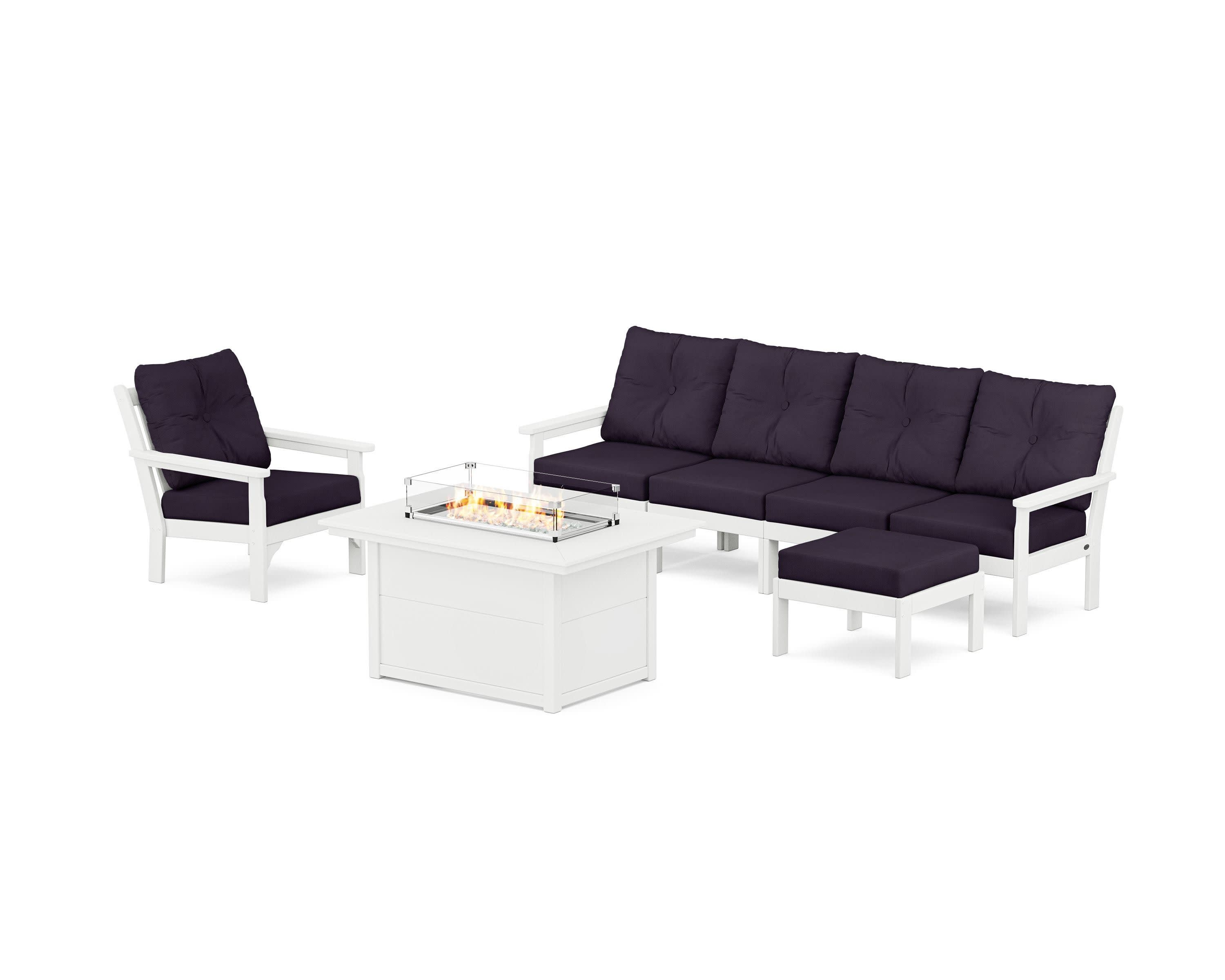 Vineyard Sectional Lounge and Fire Pit Set in White / Navy Linen