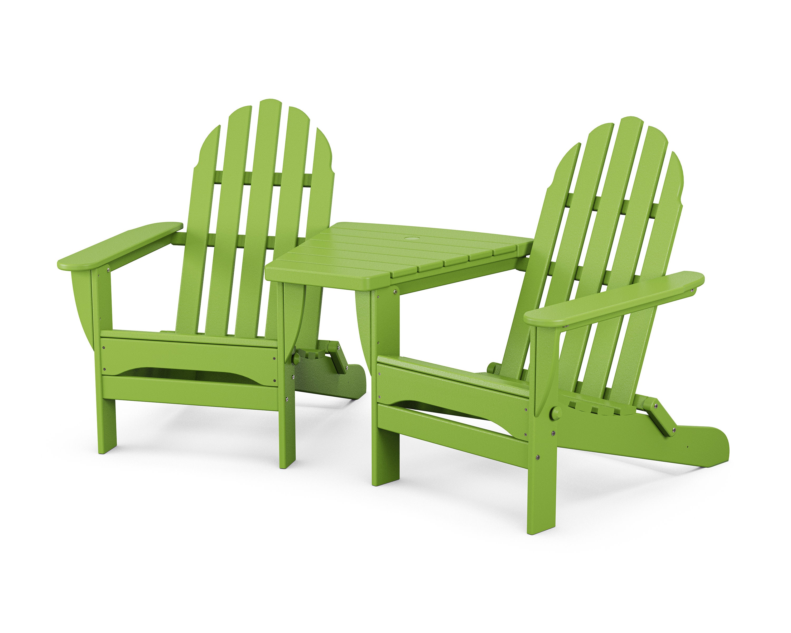 Classic Folding Adirondacks with Angled Connecting Table in Lime