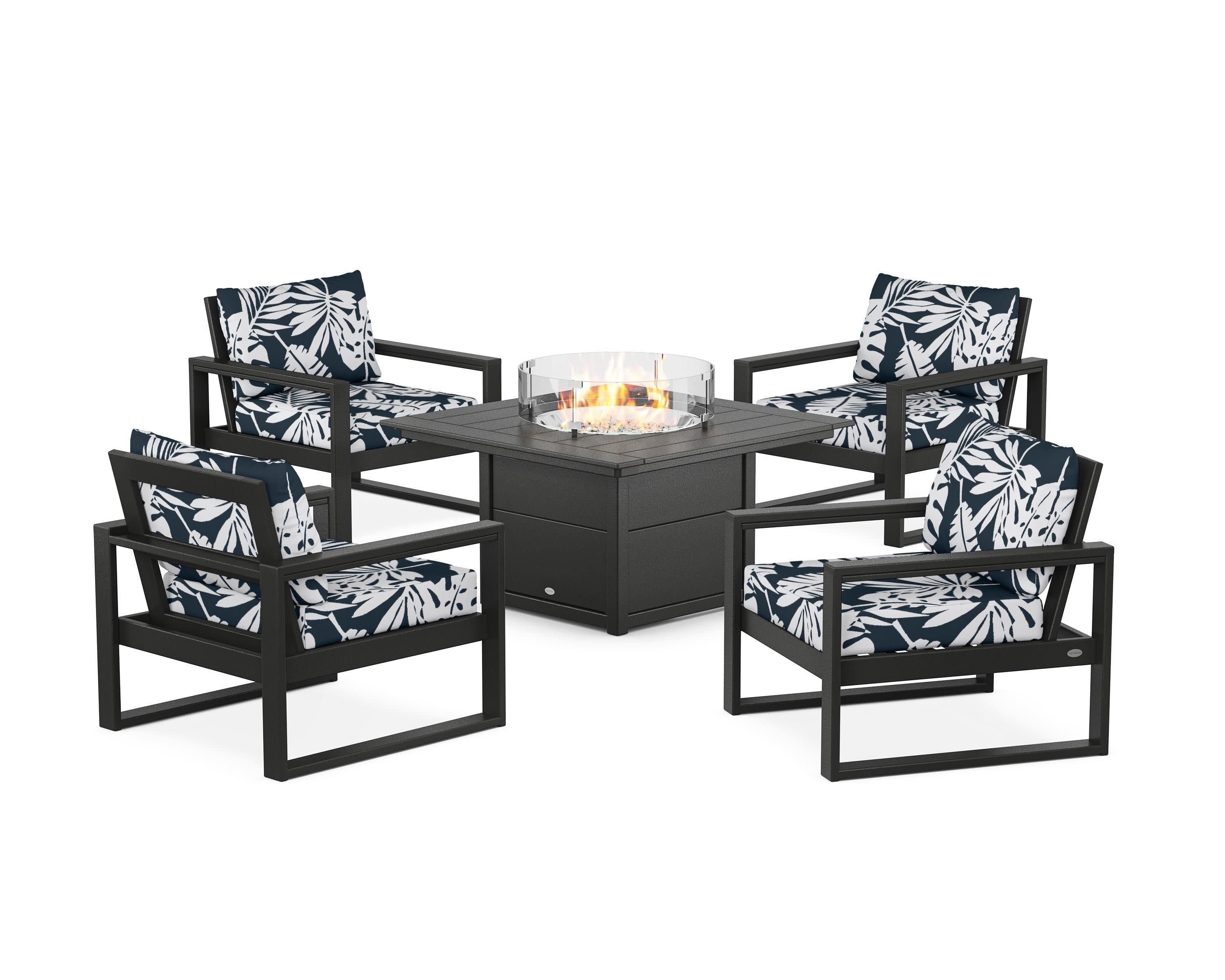 EDGE Sectional 5-Piece Deep Seating Set with Fire Pit Table in Black / Leaf Marine Indigo