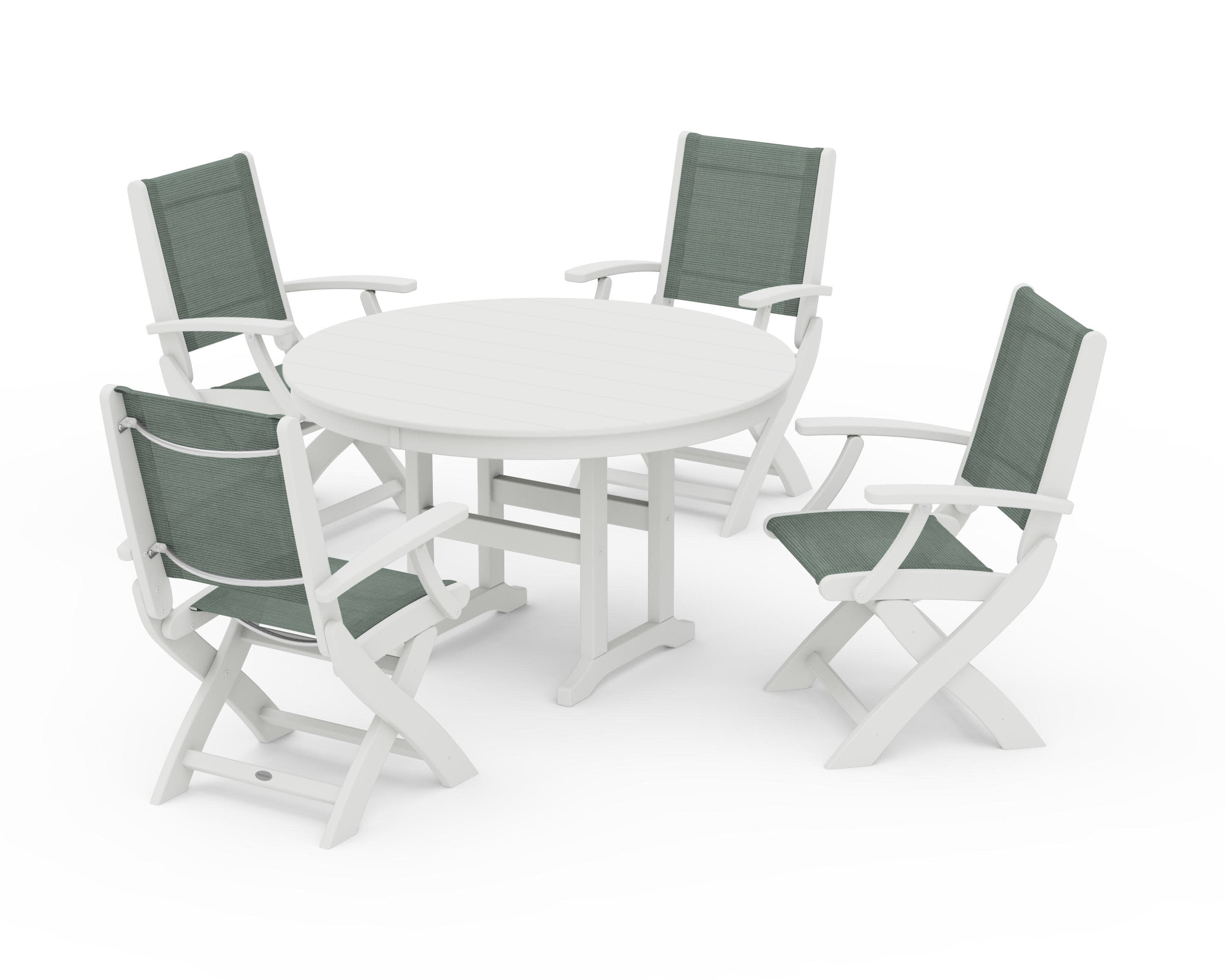 Coastal Folding Chair 5-Piece Round Dining Set in Vintage White / Dupioni Sea Mist Sling