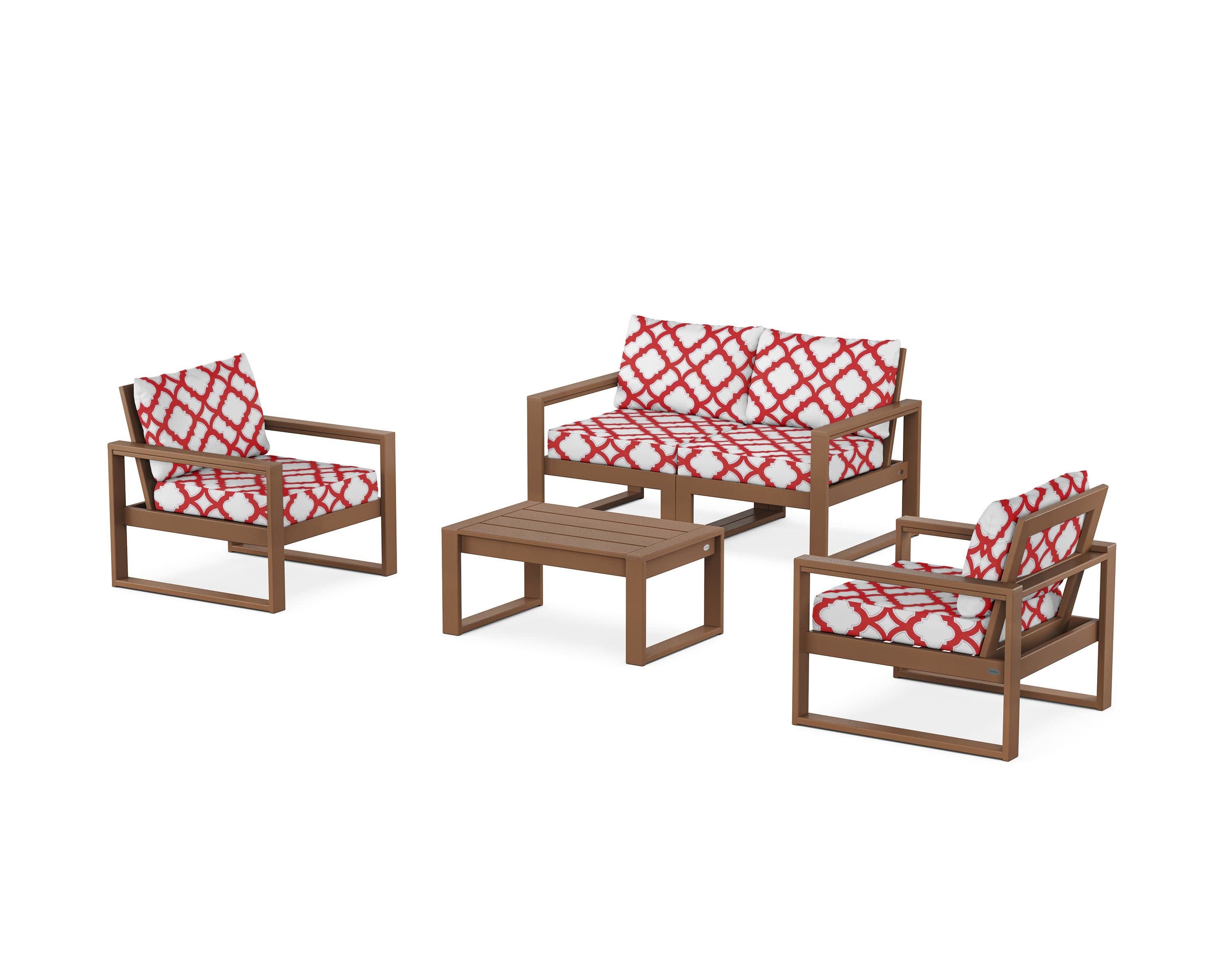 EDGE Sectional 4-Piece Deep Seating Set with Loveseat in Teak / Trellis Crimson