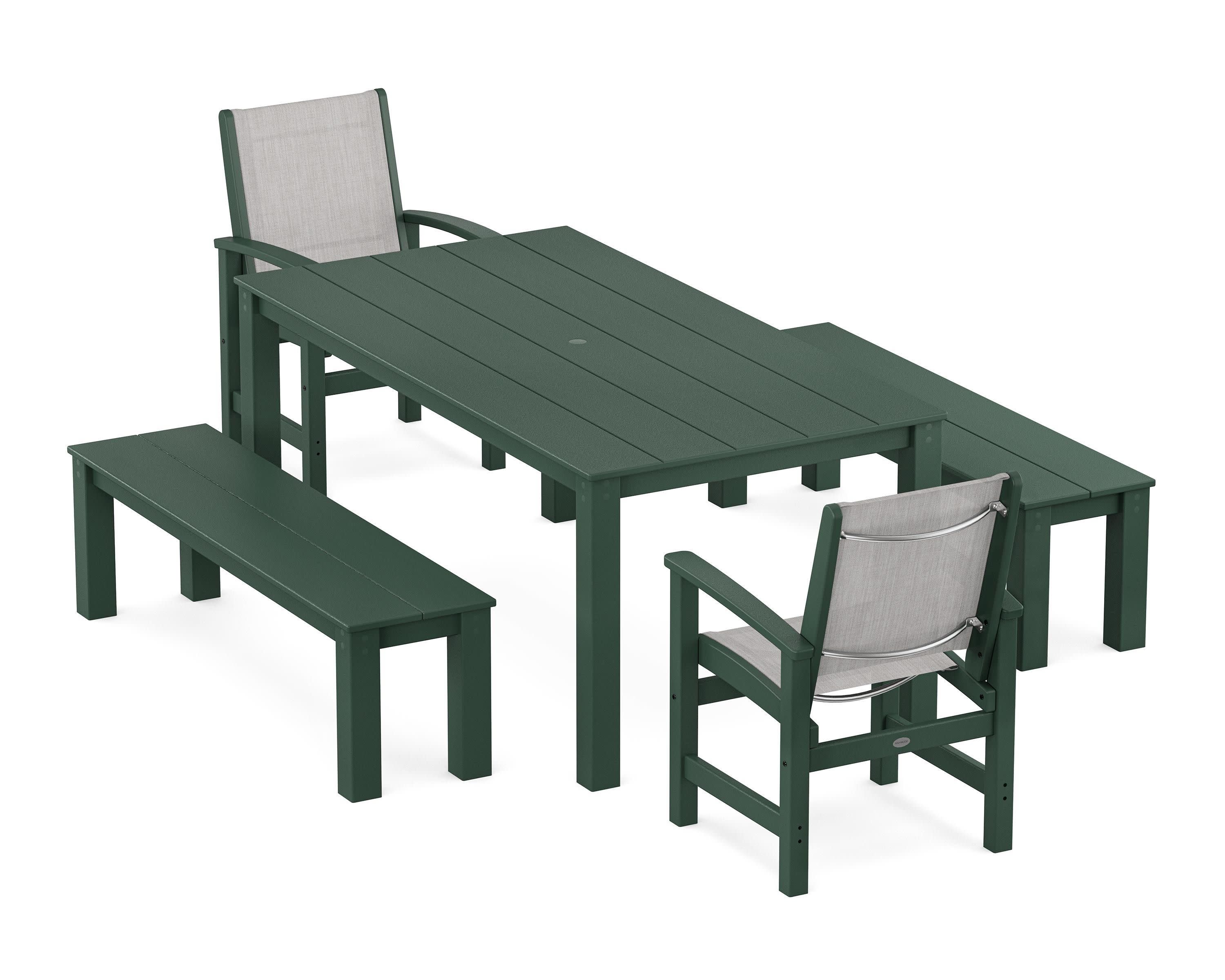 Coastal 5-Piece Parsons Dining Set with Benches in Green / Parchment Sling