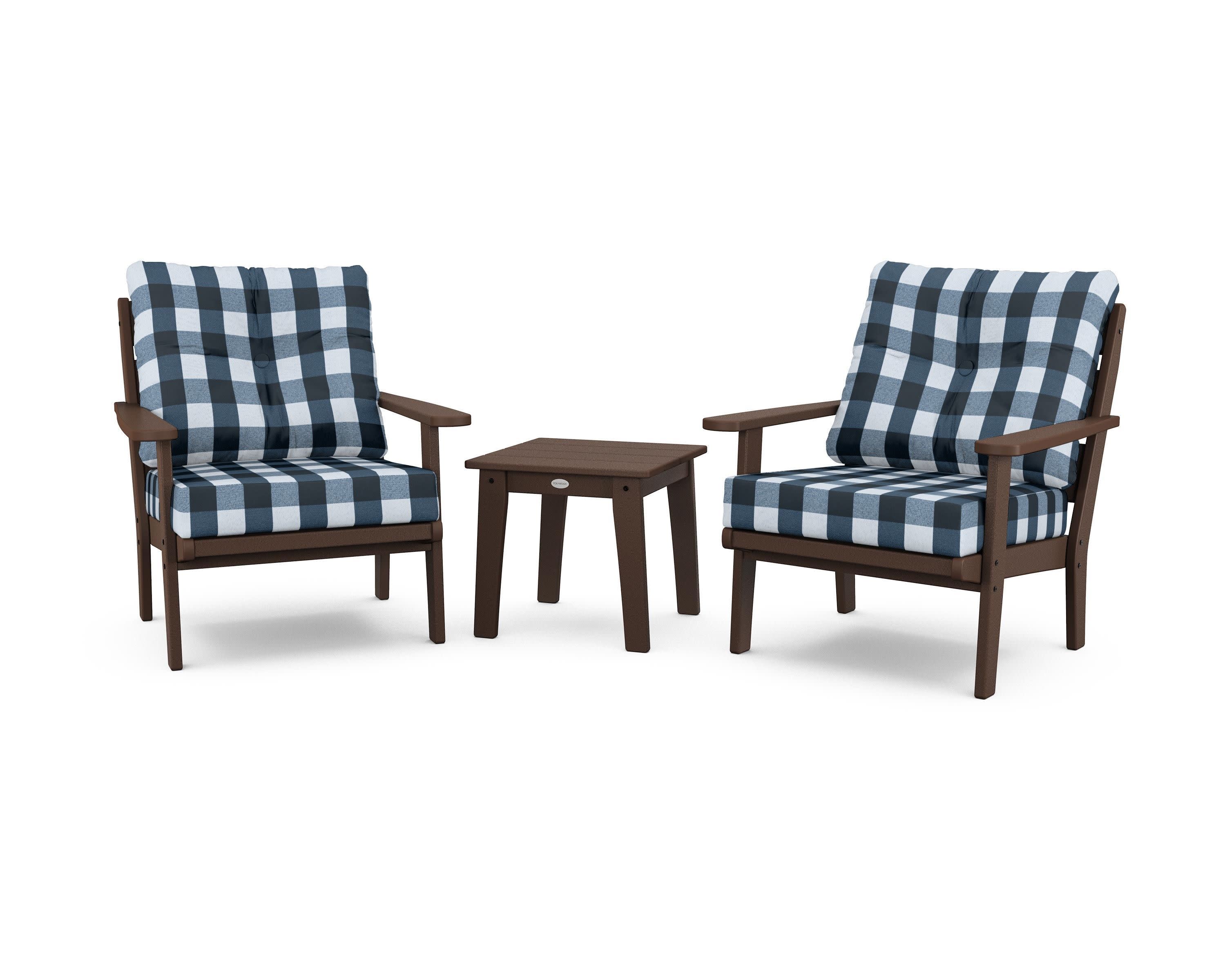 Lakeside 3-Piece Deep Seating Chair Set in Mahogany / Buffalo Plaid Marine Indigo