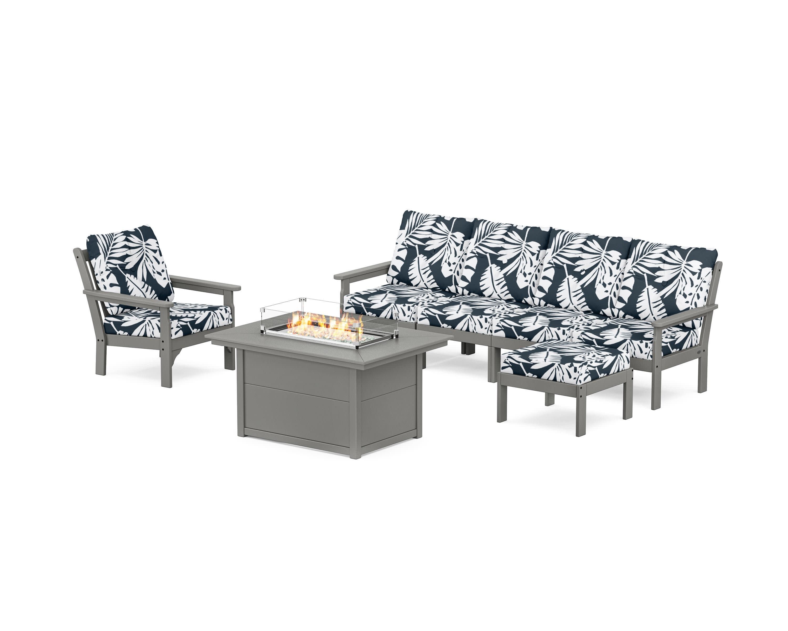 Vineyard Sectional Lounge and Fire Pit Set in Slate Grey / Leaf Marine Indigo