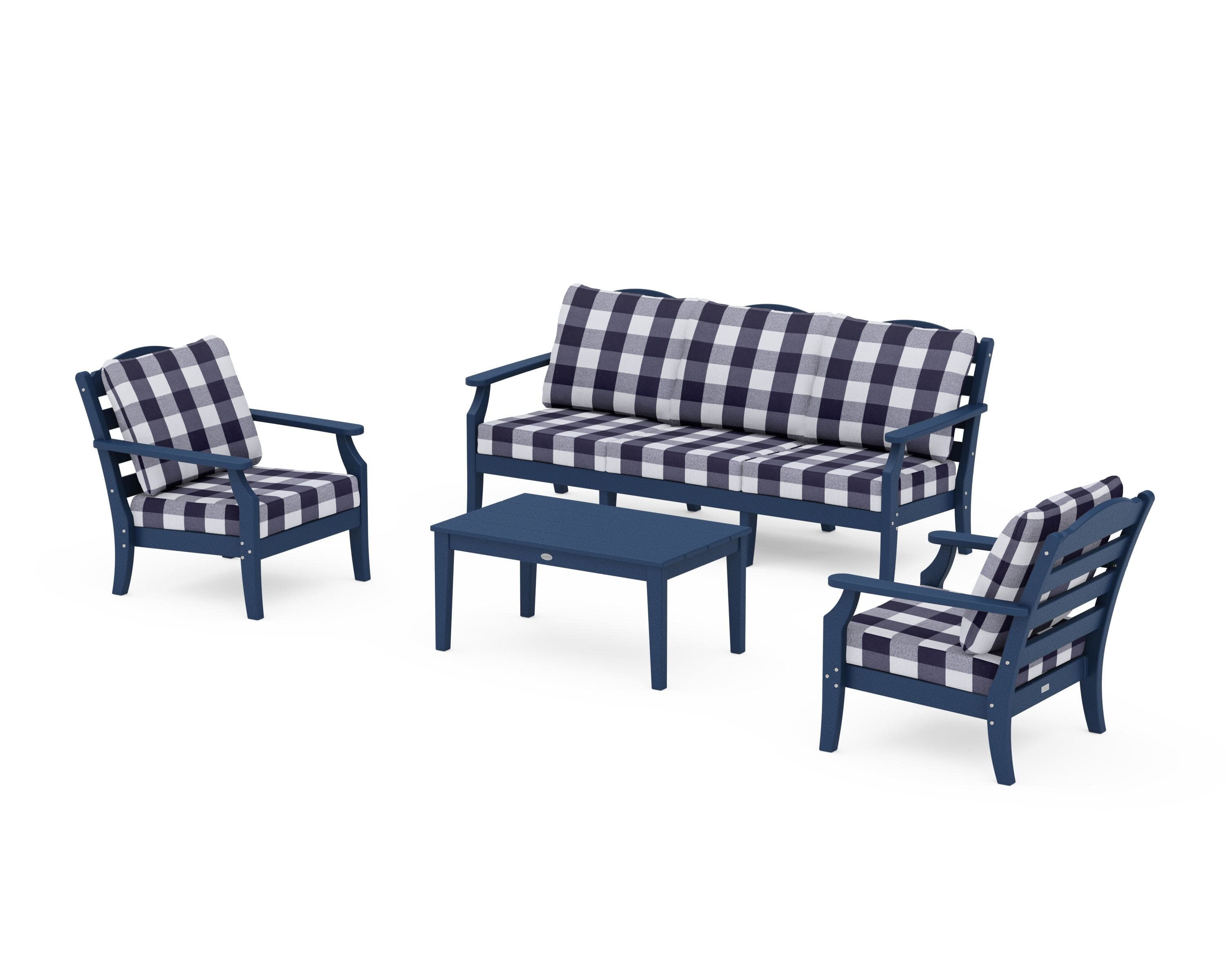 Savannah 4-Piece Deep Seating Set with Sofa in Navy / Buffalo Plaid Navy