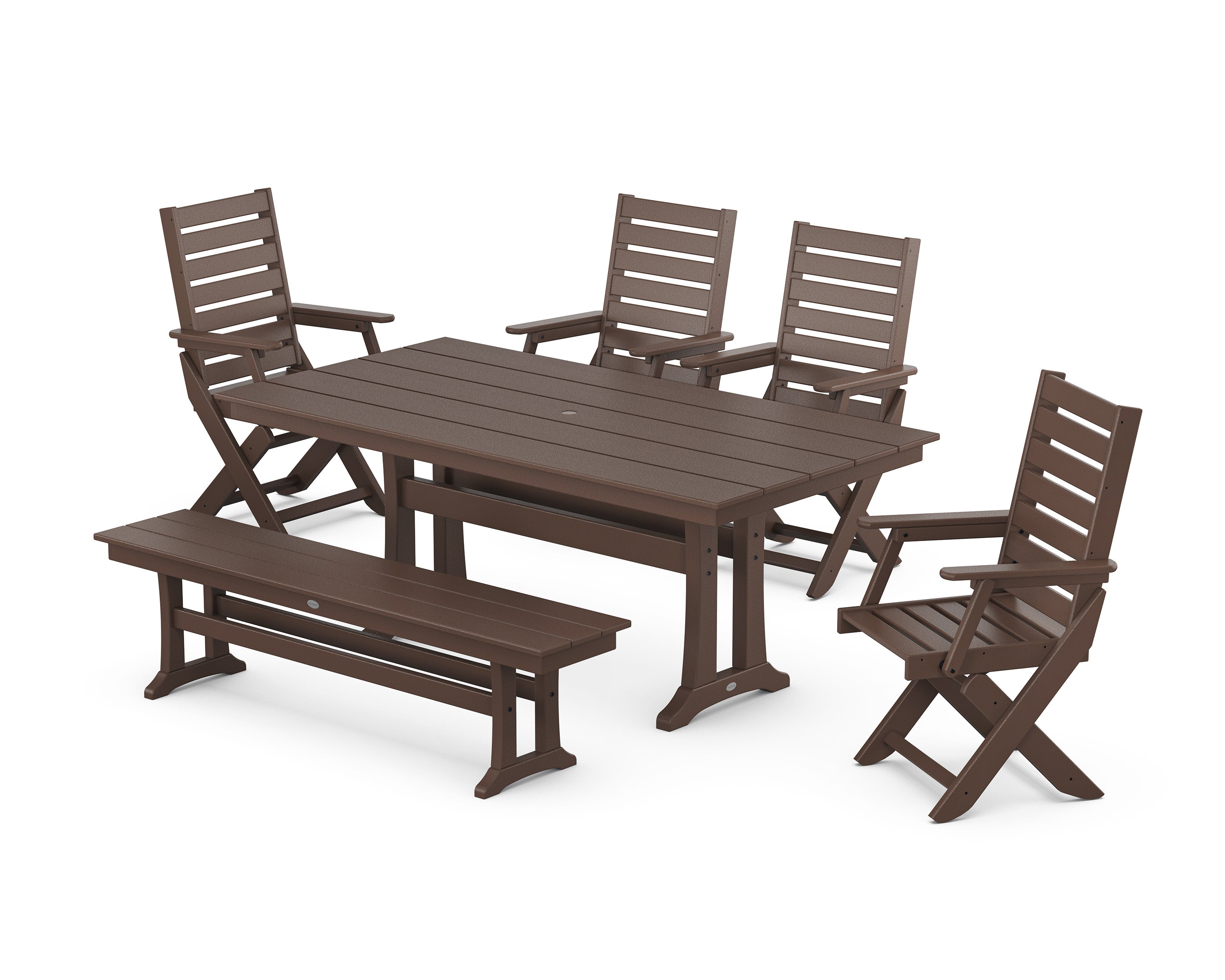 Captain Folding Chair 6-Piece Farmhouse Dining Set with Trestle Legs and Bench in Mahogany